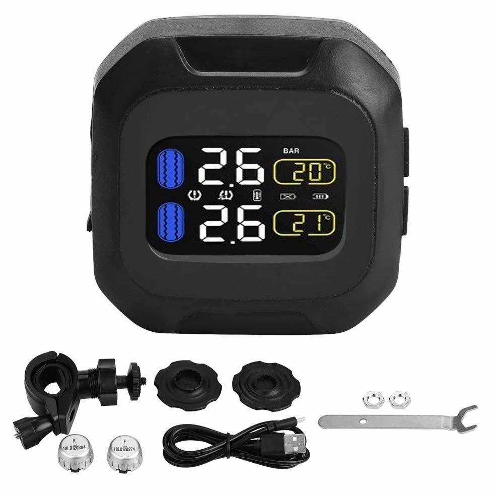 de monitorización de presión de neumáticos TPMS inalámbrico, de monitorización de presión de neumáticos con sensor TPMS inalámbrico de motocicleta con 2 sensores externos