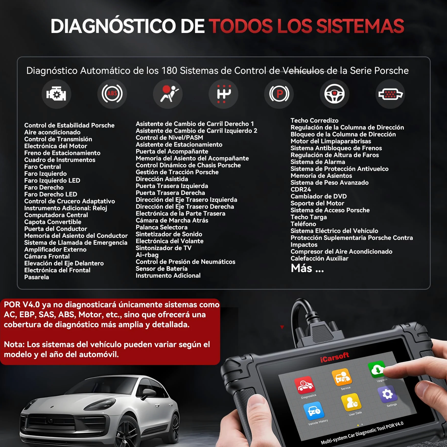 iCarsoft por V4.0 Herramienta de Diagnóstico para Porsche +2 Marcas de Vehículos Extra, Escáner OBD2 con Prueba Bidireccional/26 Servicios (177 Subservicios) +66 Servicios Extra, Registro de Batería
