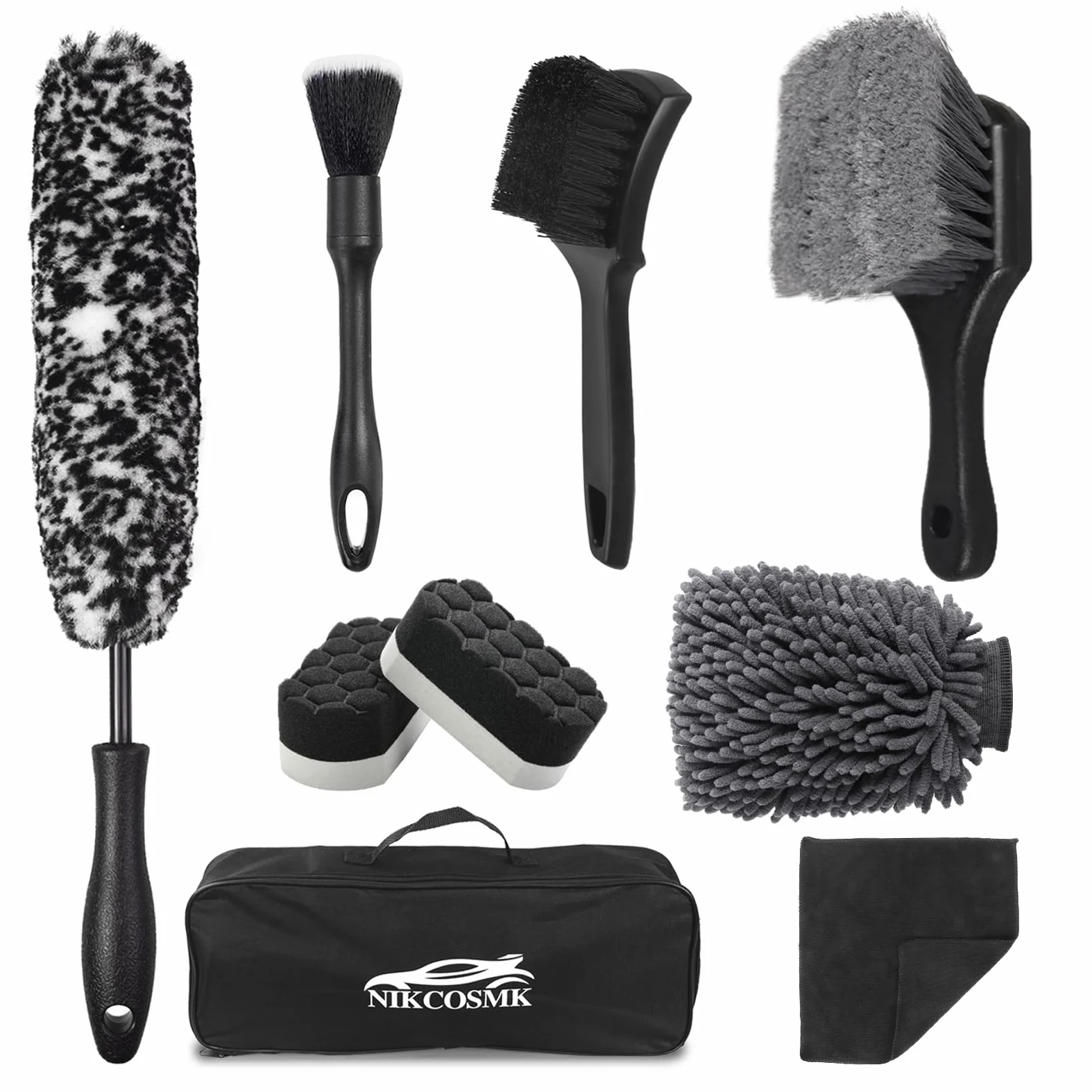Kit de 9 cepillos para ruedas y neumáticos de coche, cepillo limpiador de ruedas, cepillo de borde de cerdas suaves, toalla de secado de coche (36 x 24 pulgadas), almohadilla aplicadora de brillo de