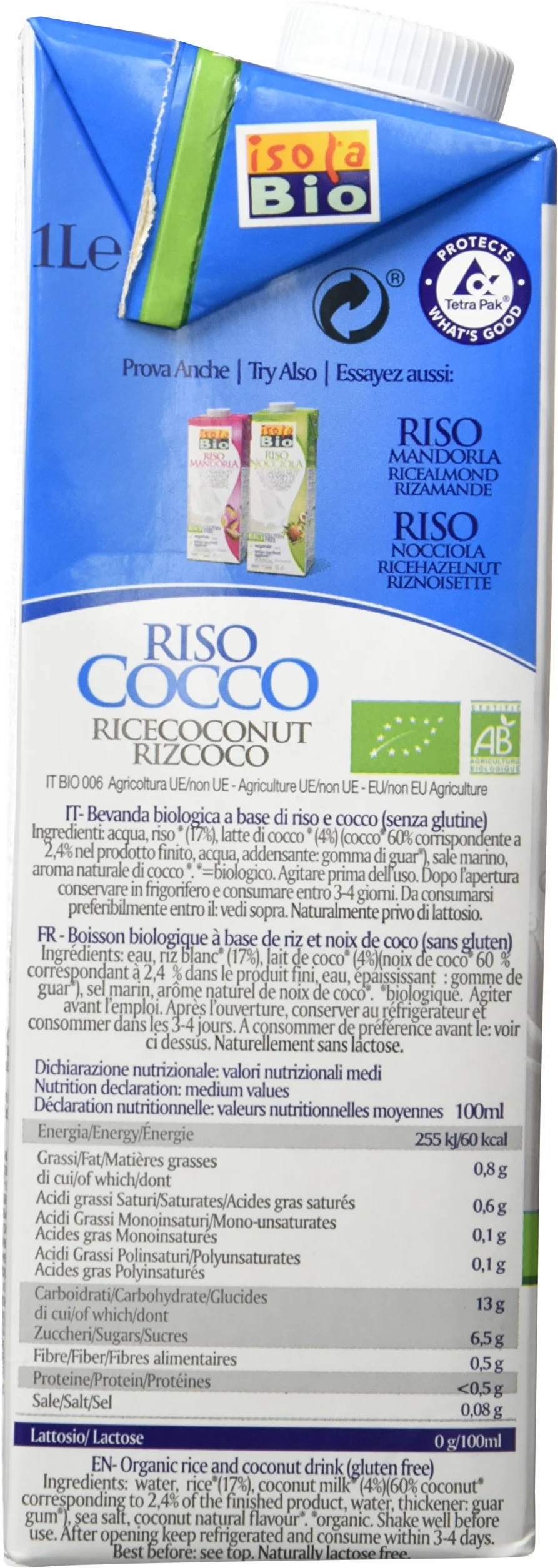 Isola Bio Bebida Vegetal de Arroz con Coco Paquete 6 x 1000 ml