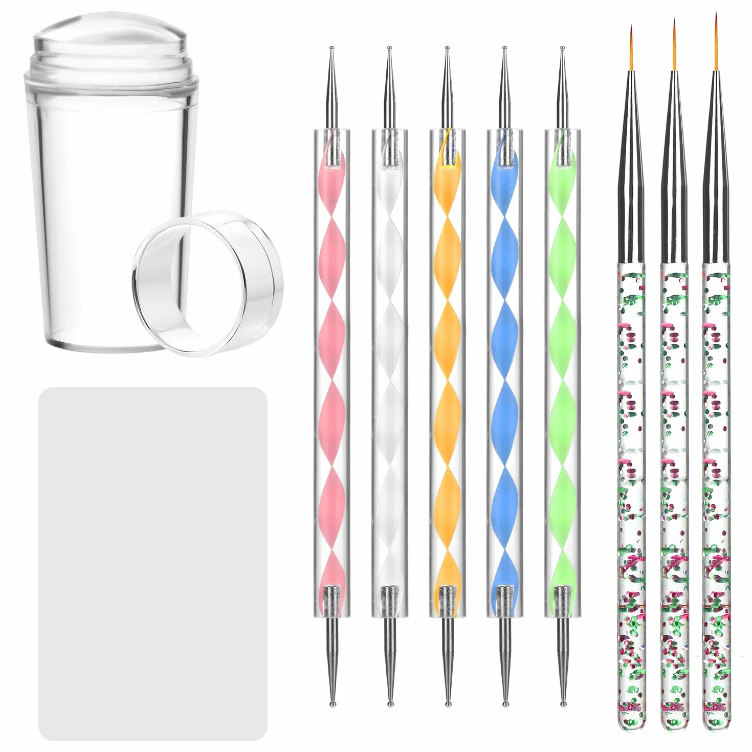 QWORK Juego de sellos para uñas con raspador, 3 pinceles, 5 rotuladores de doble cara