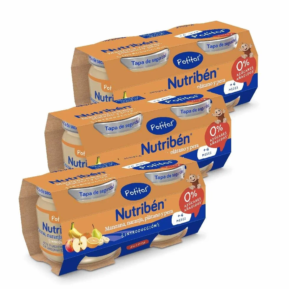 Nutribén Potitos pack Merienda Manzana Naranja Plátano Pera Sin almidones 4 meses 3 bipacks 6x120gr