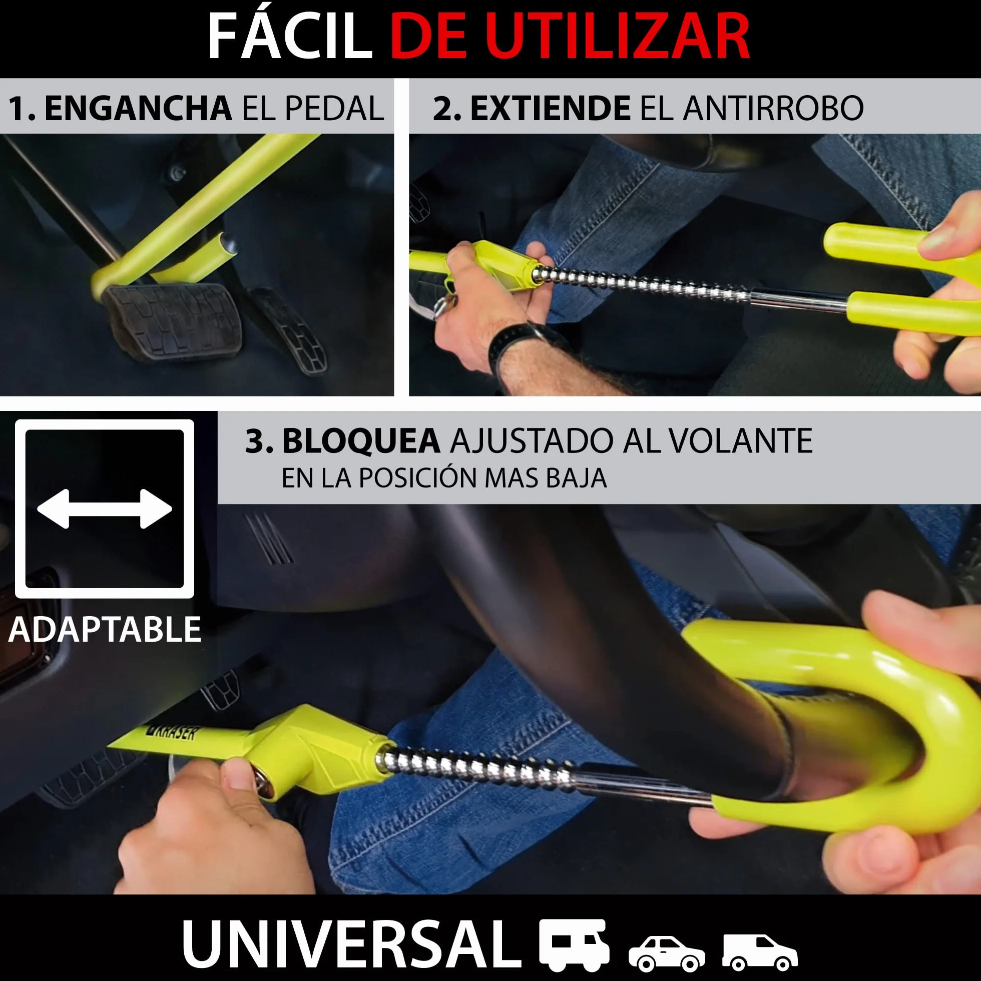 KRASER KR835 Antirrobo Coche Volante Pedal, Barra Amarilla Alta Visibilidad, Cierre Seguridad en Acero, Ajuste Gancho Más Extensible, Cepo Coche Universal Autocaravana Furgoneta