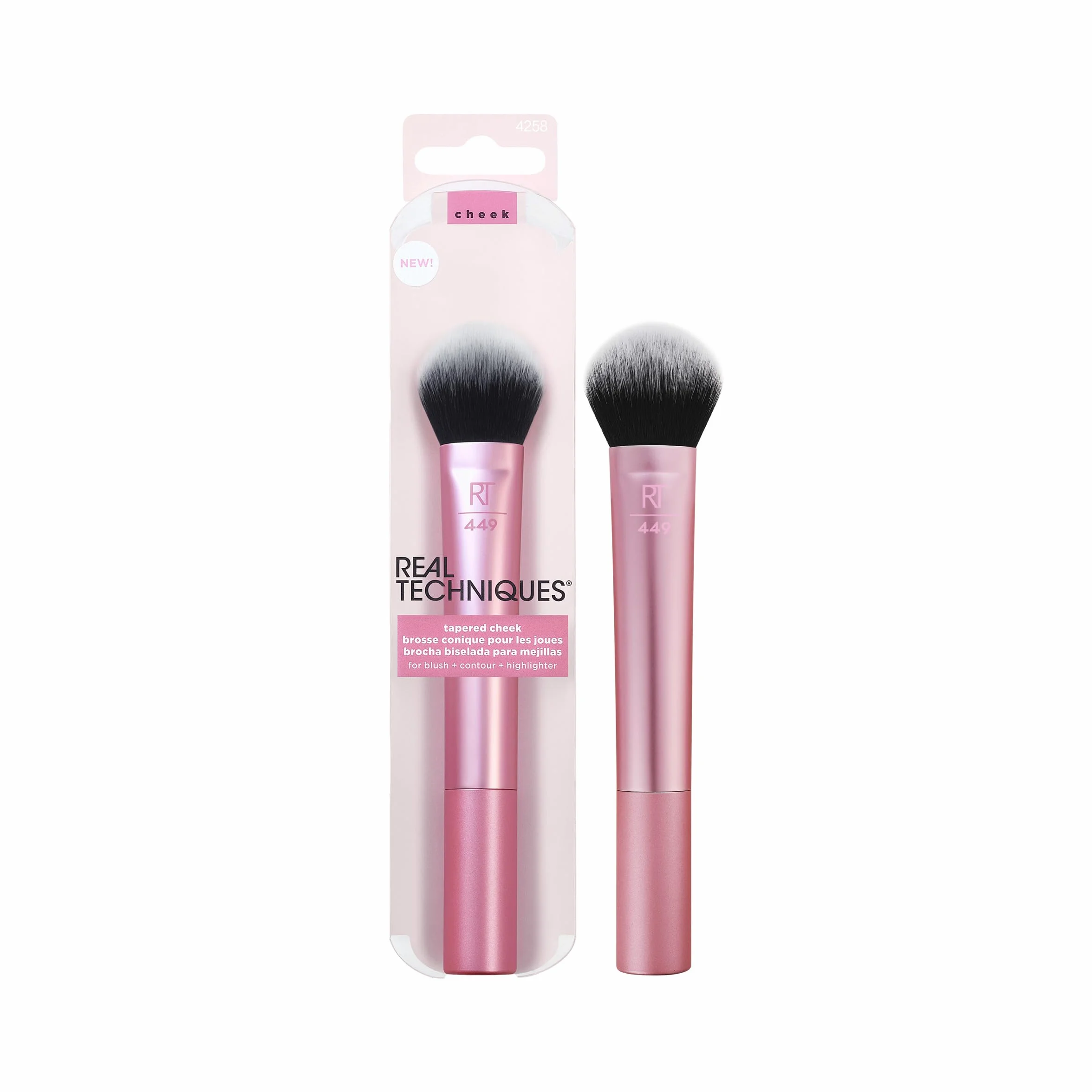 REAL TECHNIQUES Tapered Cheek Makeup Brush, Blush, Highlighter, Loose Powder, Soft Bristles, Pink