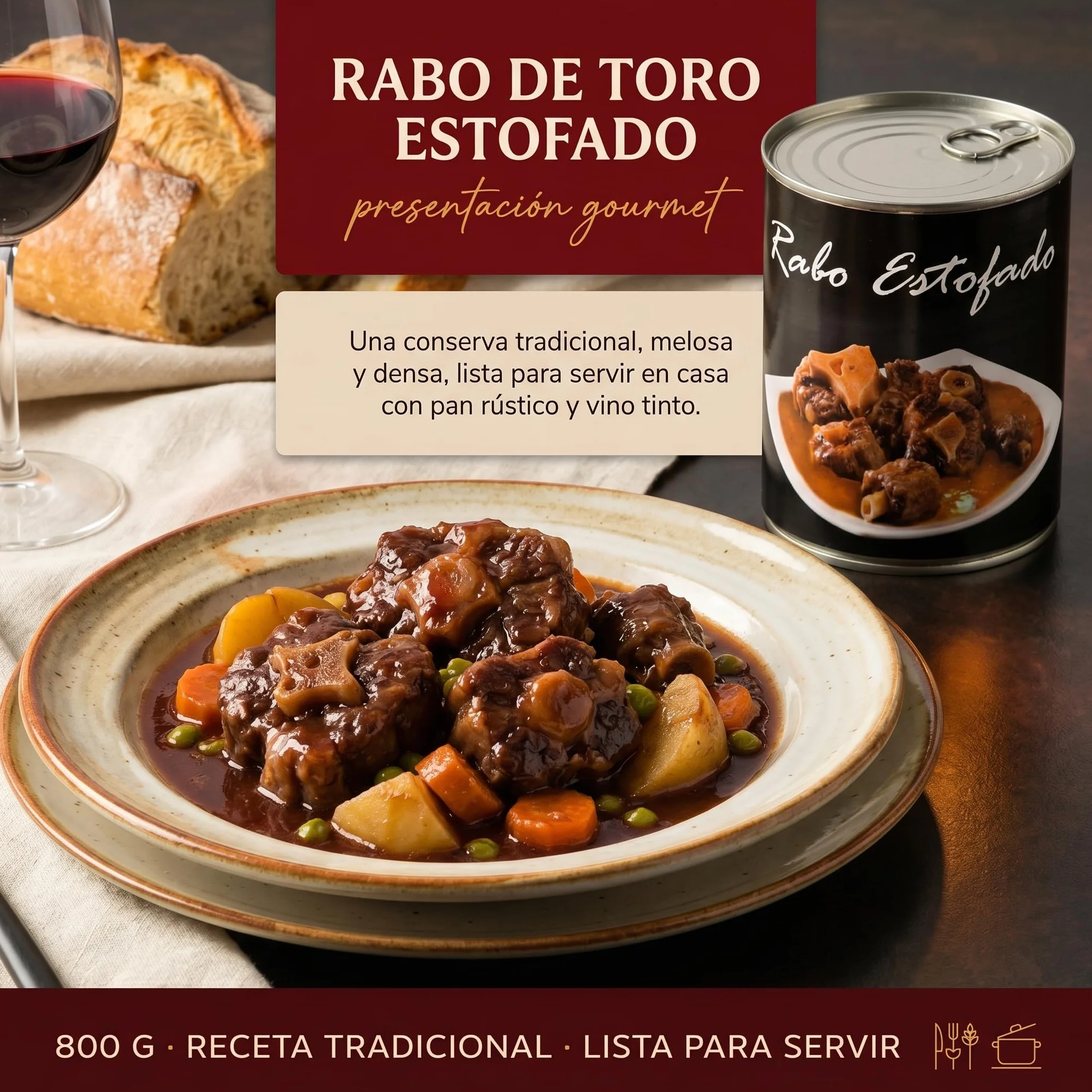POLGRI Rabo de Vacuno Estofado 800g Receta Manchega Artesana 45% Carne Listo para Calentar Gourmet Español Plato Preparado