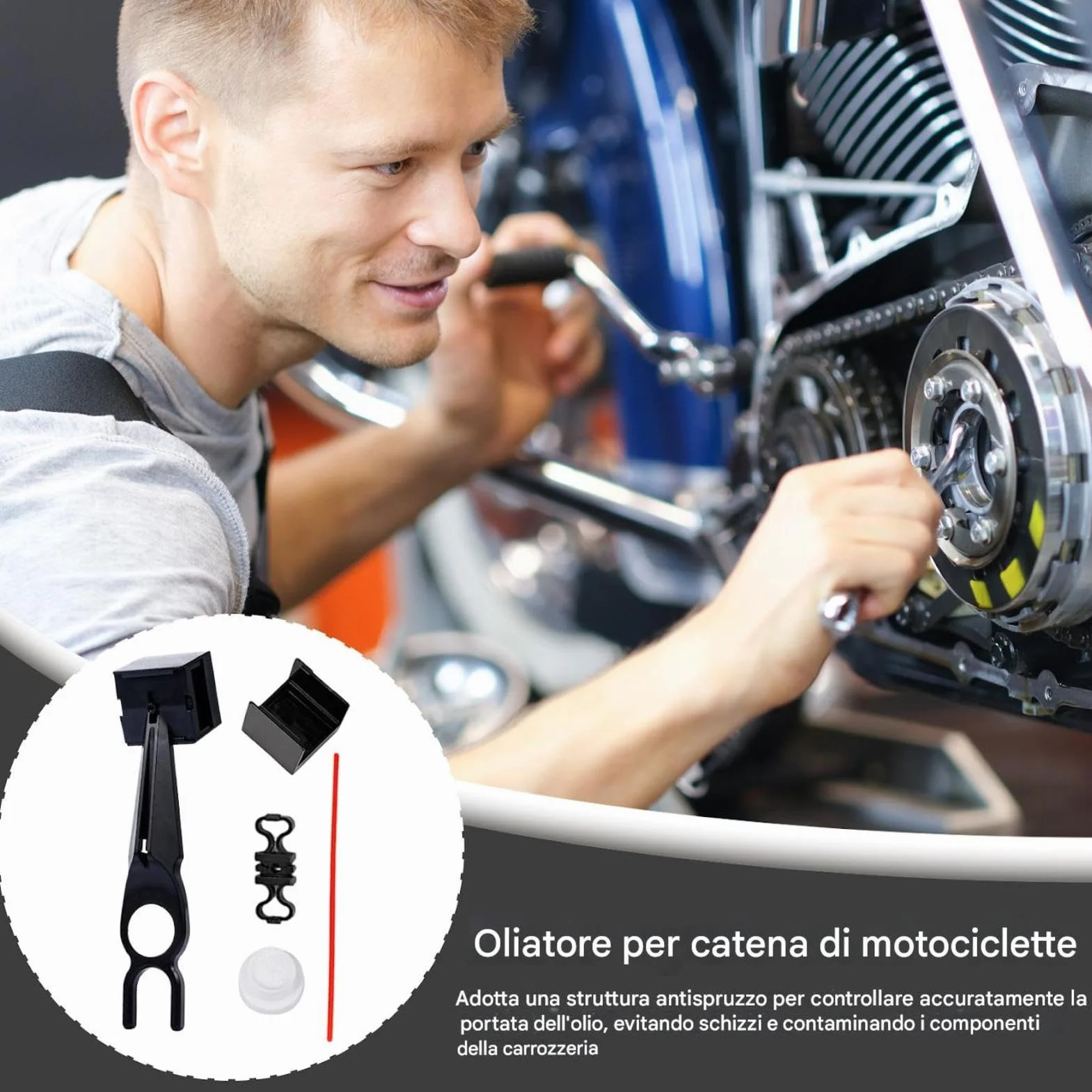 Engrasador de cadena para moto – Aplicador lubricante | Limpiador antisalpicaduras para cadena | Para bicicleta, ciclomotor, dos ruedas – Lubricación sin suciedad – Material policarbonato 18.5