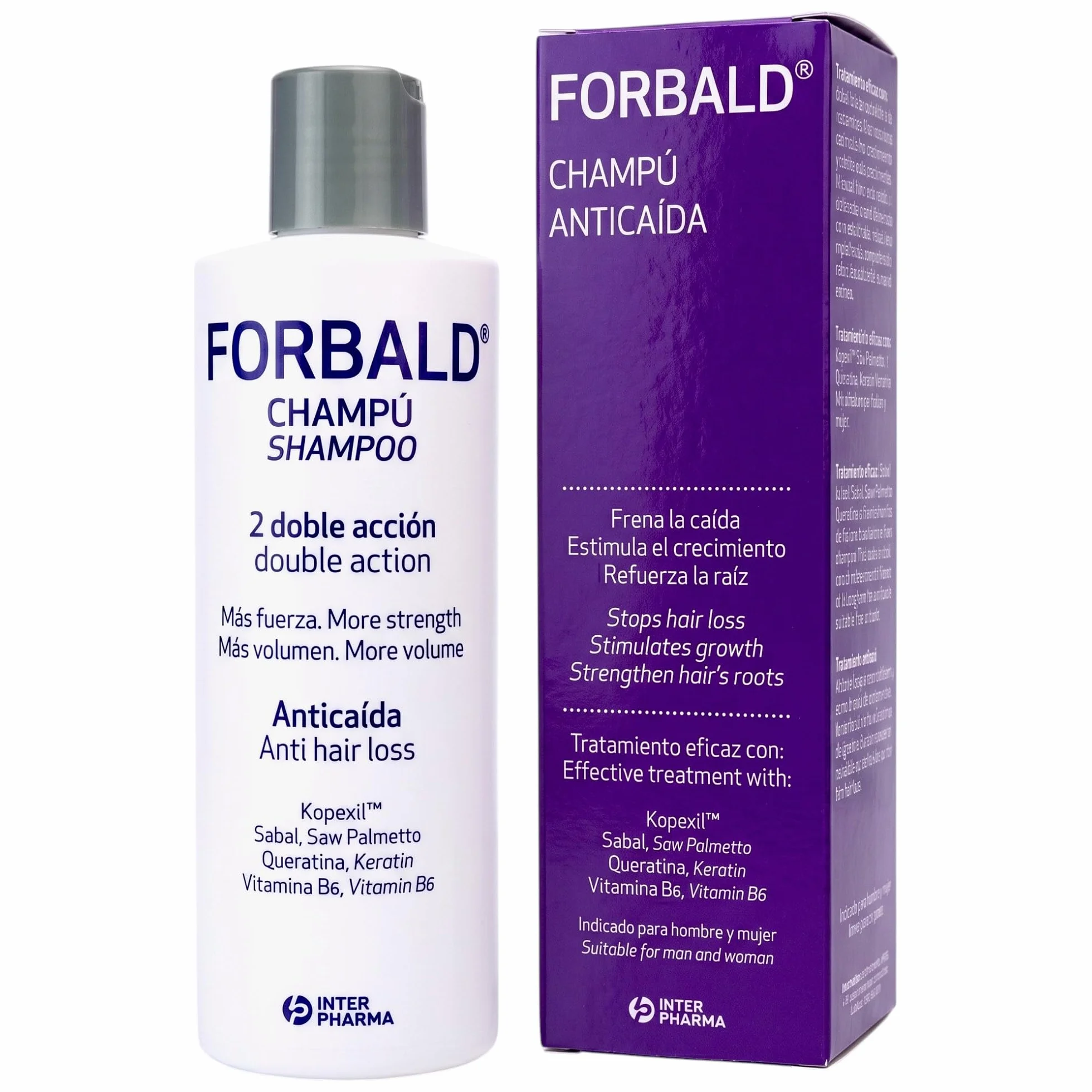 INTERPHARMA SA Forbald Champú Anticaída 250 ml con Kopexil, Queratina y Sabal
