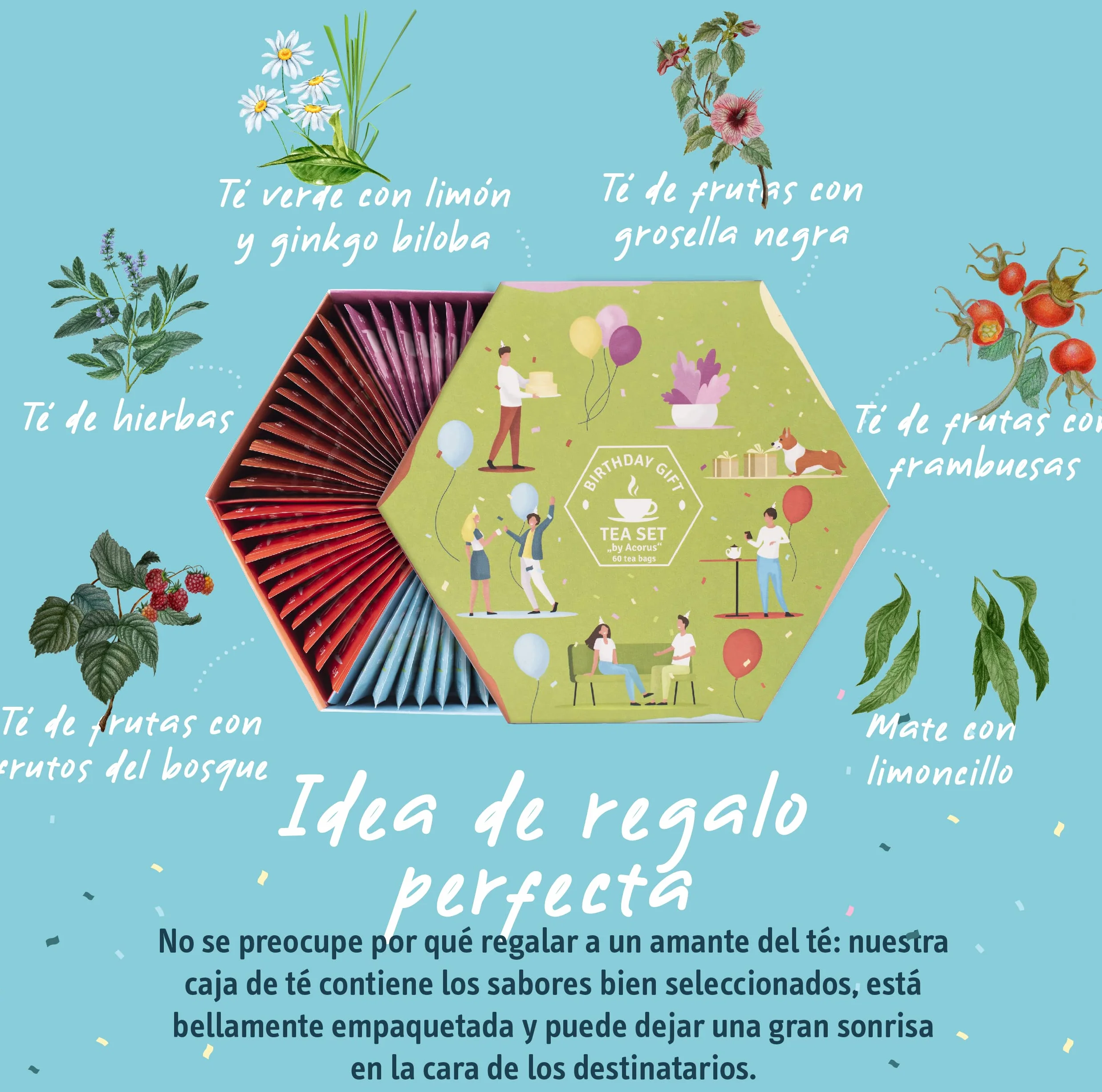 ACORUS Surtido de té de regalo de cumpleaños 6 sabores 60 bolsitas de hierbas y frutas