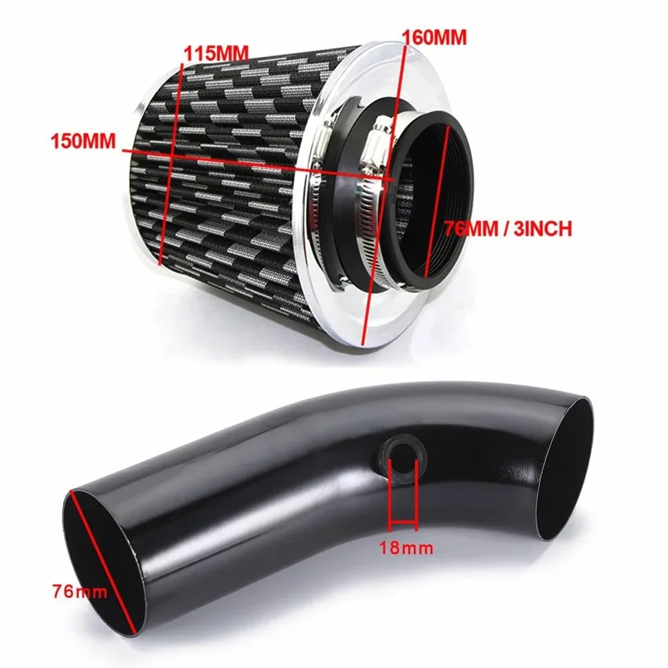 Engine Intake Pipe Adaptador de filtro aire para coche 3 pulgadas y 76 mm, tubo admisión aluminio con sistema, kit tubería turboalimentada(A set of Blue)