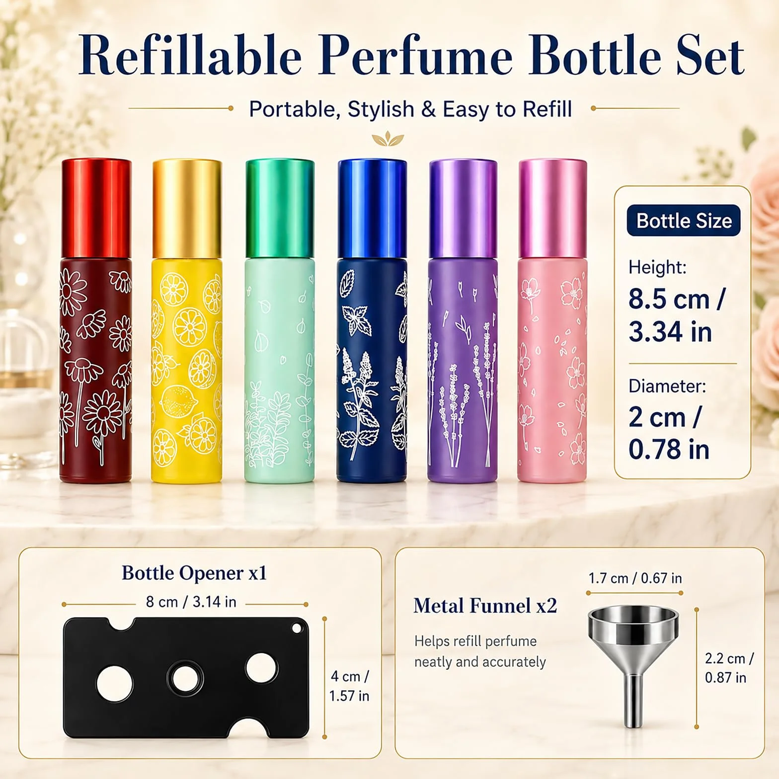 Redamancy 6 Botellas Roll On Rellenables de Cristal 10ml Set de Colores con Embudos y Abridor para Aceites Esenciales