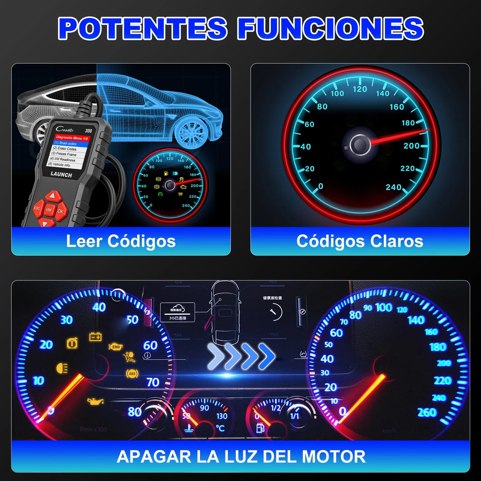 OBD2 Diagnosis Coche Multimarca LAUNCH - CR300 Scanner para Coche Multimarca, Lector Códigos Fallos Motor Autos, Completas OBDII Funciones Maquina Escaner para Todos los Vehículos OBDII