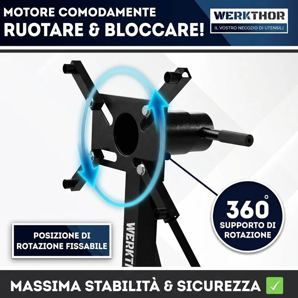 WERKTHOR Soporte de motor para coche, 900 kg, profesional, para camiones y V8, soporte de motor giratorio 360°, carga pesada, caballete negro XXL estable, soporte de montaje para diésel y bloque