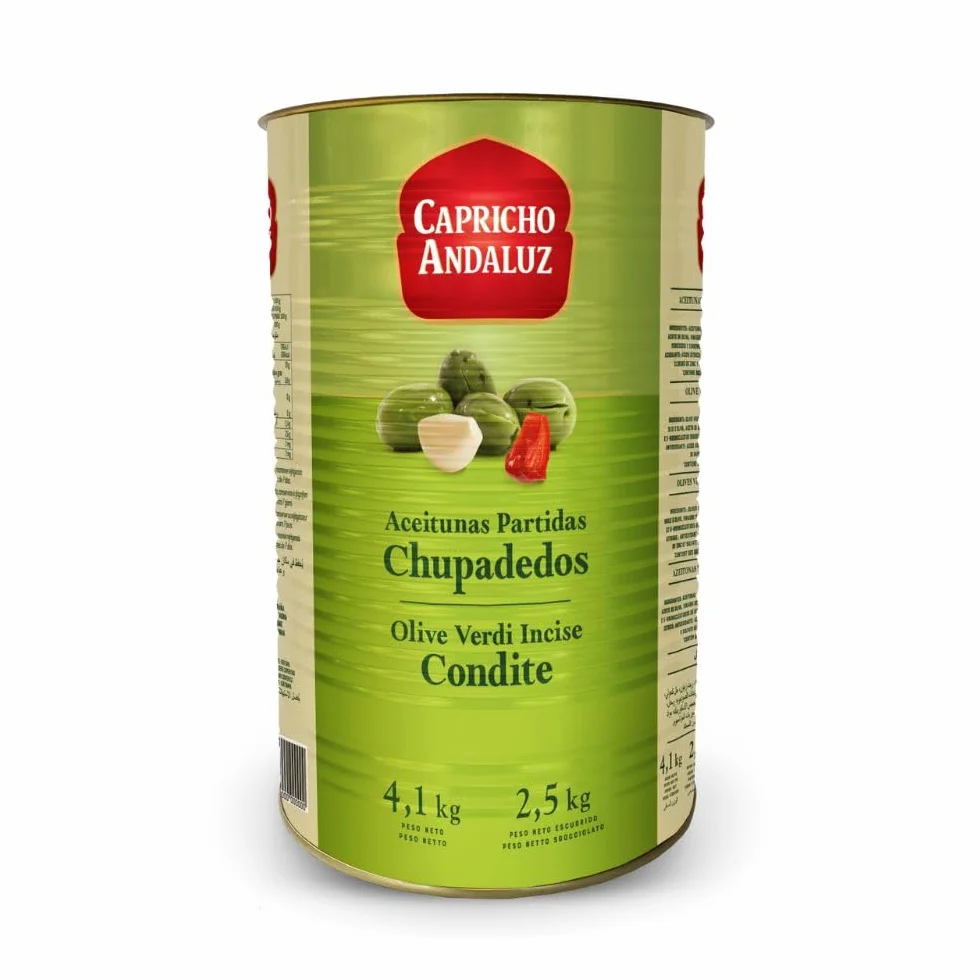 Capricho Andaluz Aceitunas Partidas Chupadedos Lata 4,1kg (2,5kg Escurrido) Aliño Tradicional Ajo Pimiento Profesional