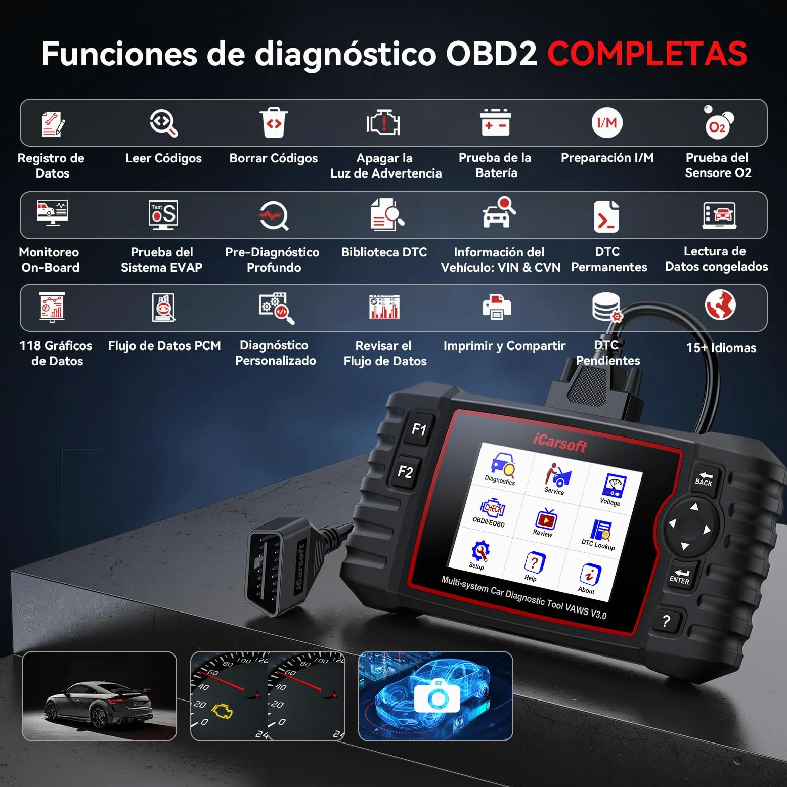 iCarsoft VAWS V3.0 OBD2 Máquina Diagnosis Coche para V.W/AU.DI/Skoda/Seat, Bidireccional Escáner de Todo el Sistema, 42 Funciones Reinicio, Prueba de Batería, Auto Vin, Actualizaciones de por Vida