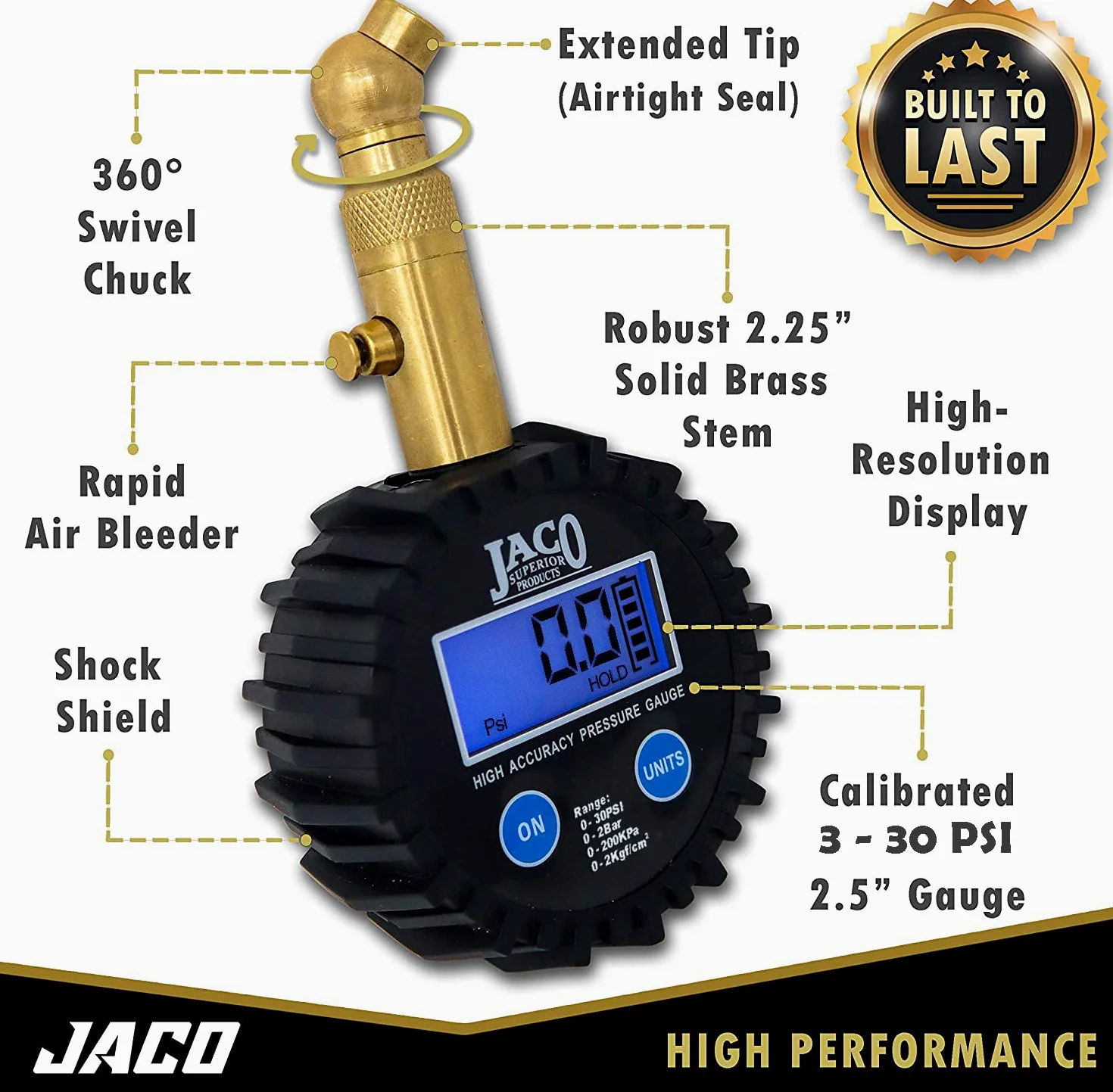 JACO Superior Products- Manómetro digital de baja presión para neumáticos JACO Elite - 30 PSI