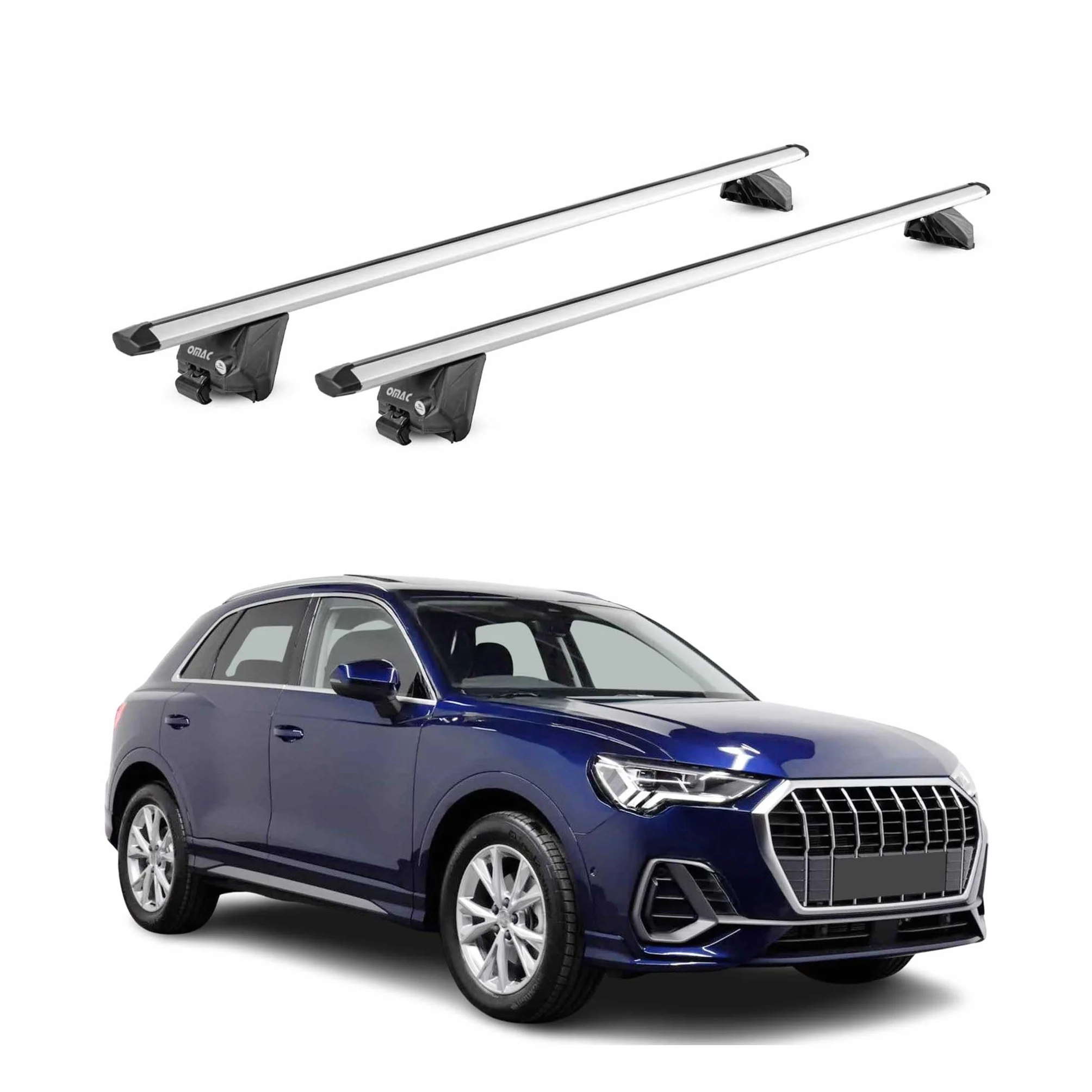 OMAC Barras de Techo Aluminio TÜV geprüft para Audi Q3 F3 2018-2025 – para Barras Integradas – T Nut – MAX 100 kg – 2 Schlösser Plata