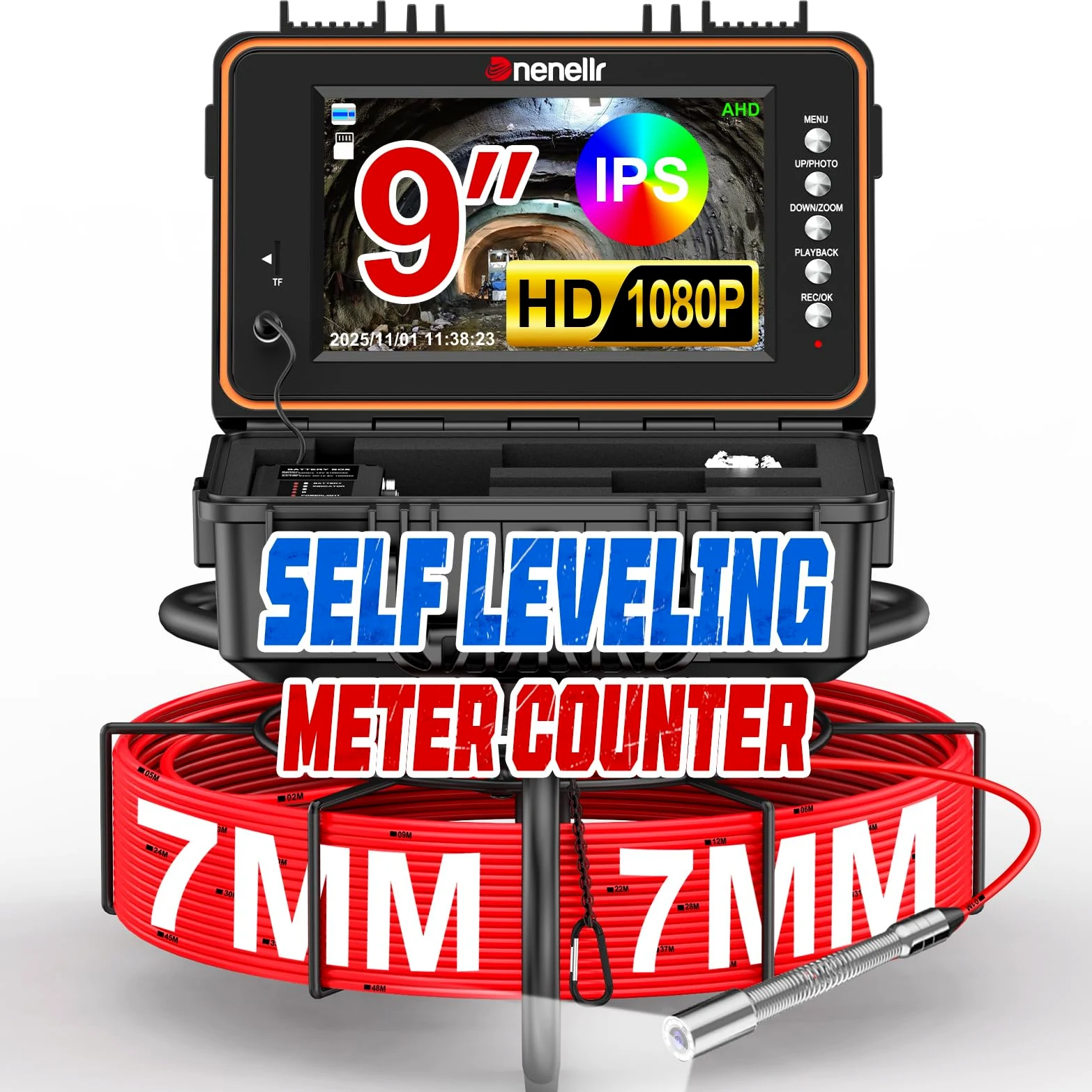 Cámara Inspeccion Tuberias 50M con Sonda 512Hz | 1080P HD, Autonivelante, DVR, Cable de 7MM, Impermeable IP68, Adecuada para Alcantarillado, Tuberías, Piscinas y Desagües