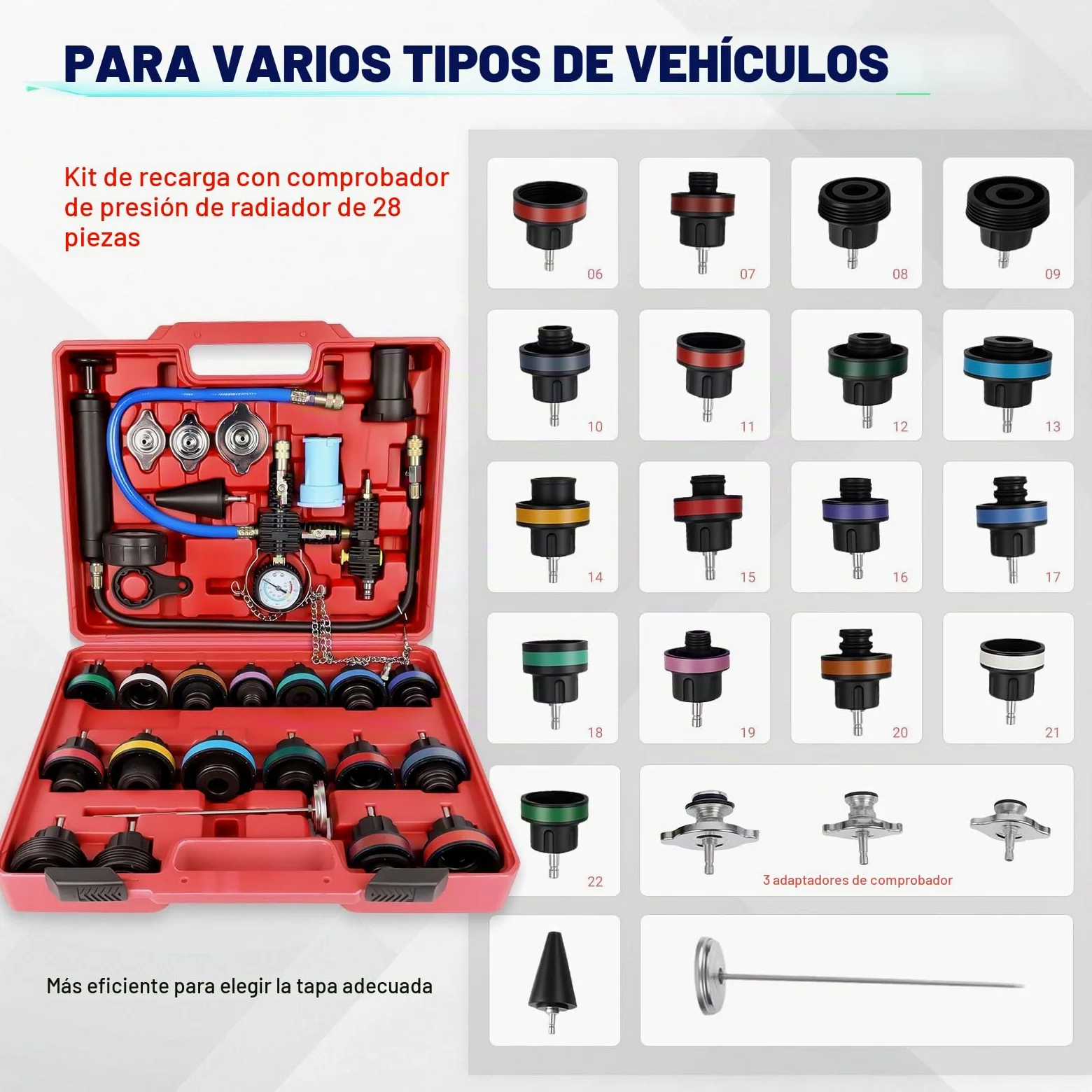 OiLiehu Kit de Probador de Presión de Refrigerante 28 Piezas, con Herramienta de Purga y Llenado, 17 Adaptadores Metálicos para Coches, Color Rojo