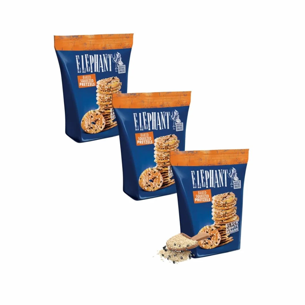 Pretzels Elephant Baked Squeezed Pretzels con sésamo blanco y negro, 3 x 180 g, crujientes aperitivo