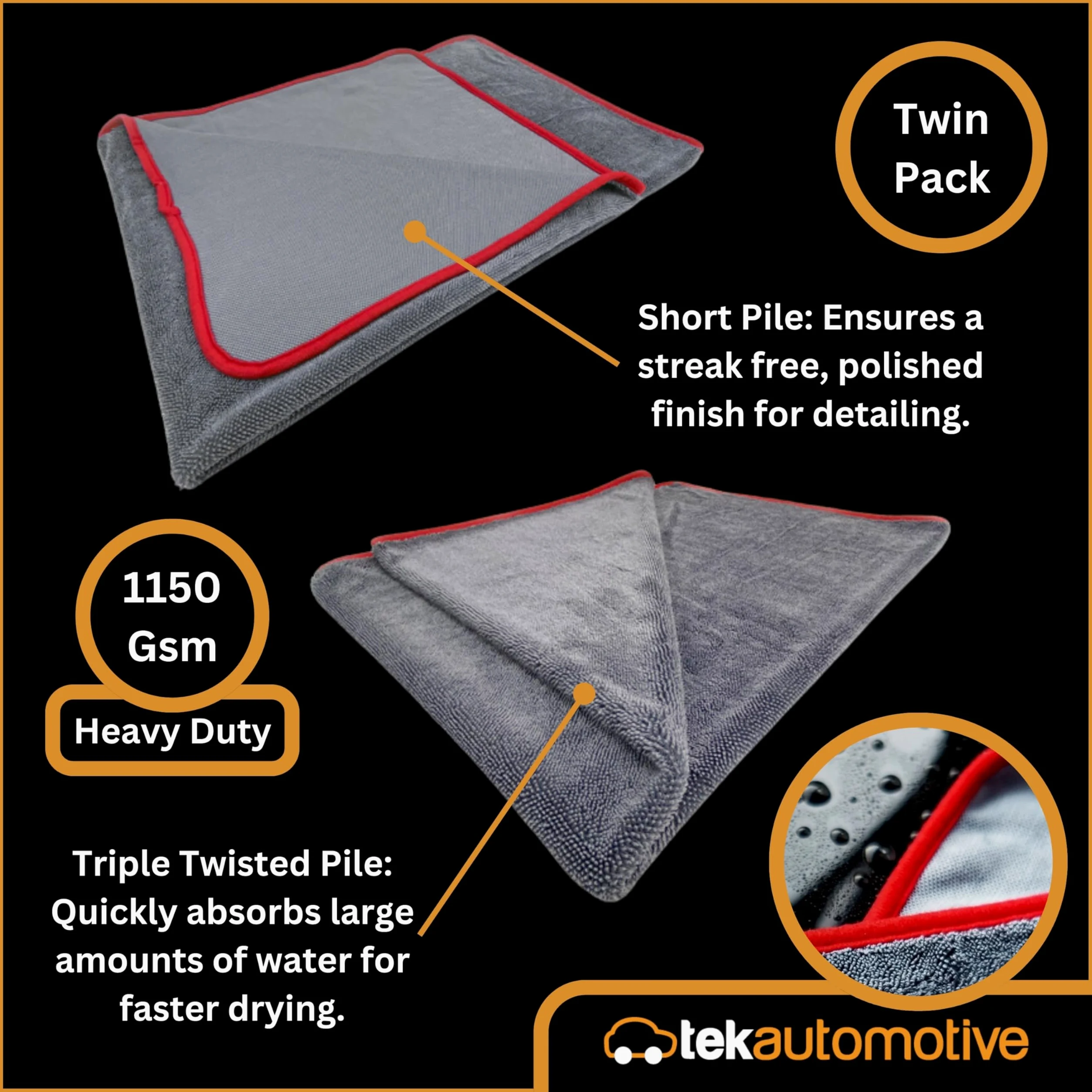 Tek Automotive Paquete de 2 toallas de secado de microfibra de triple torsión, ultra absorbentes, sin arañazos, extra grandes, 90 x 75 cm, toalla de secado de coche para limpieza, detalles y pulido
