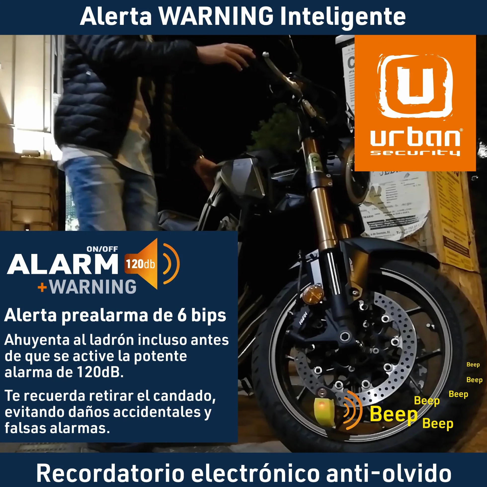 URBAN UR6 Candado Moto con Alarma Inteligente | Antirrobo Disco Más Eficaz | Hi-Tech, 120db, LED, Warning Sensibilidad A+, Pila CR2 Larga Duración, Más Impermeable, Pinza 6mm Universal Scooter Bici