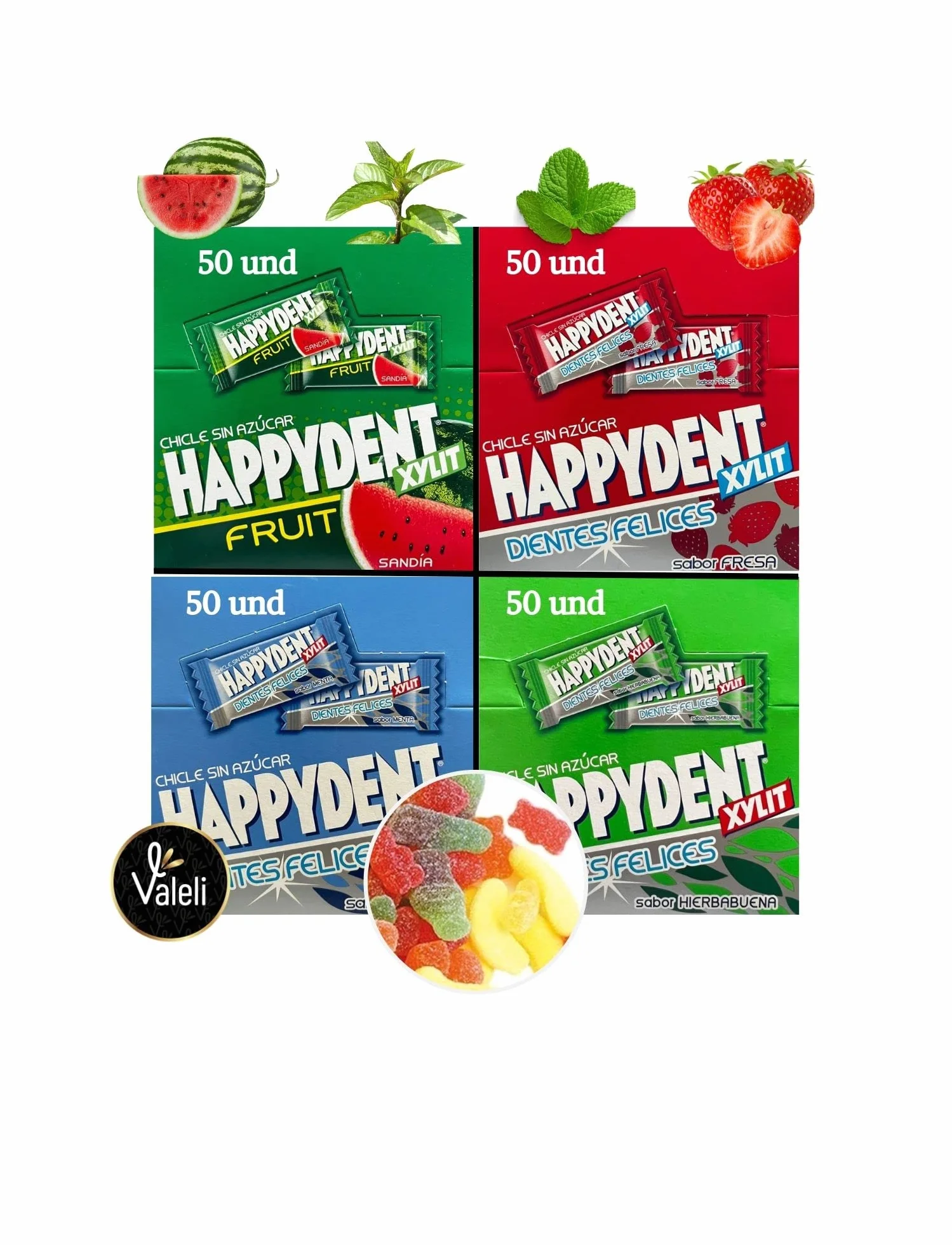 Happydent Chicles sin Azúcar 200 und Bolsa Chuches 80gr Sabores surtidos menta hierbabuena sandía fresa