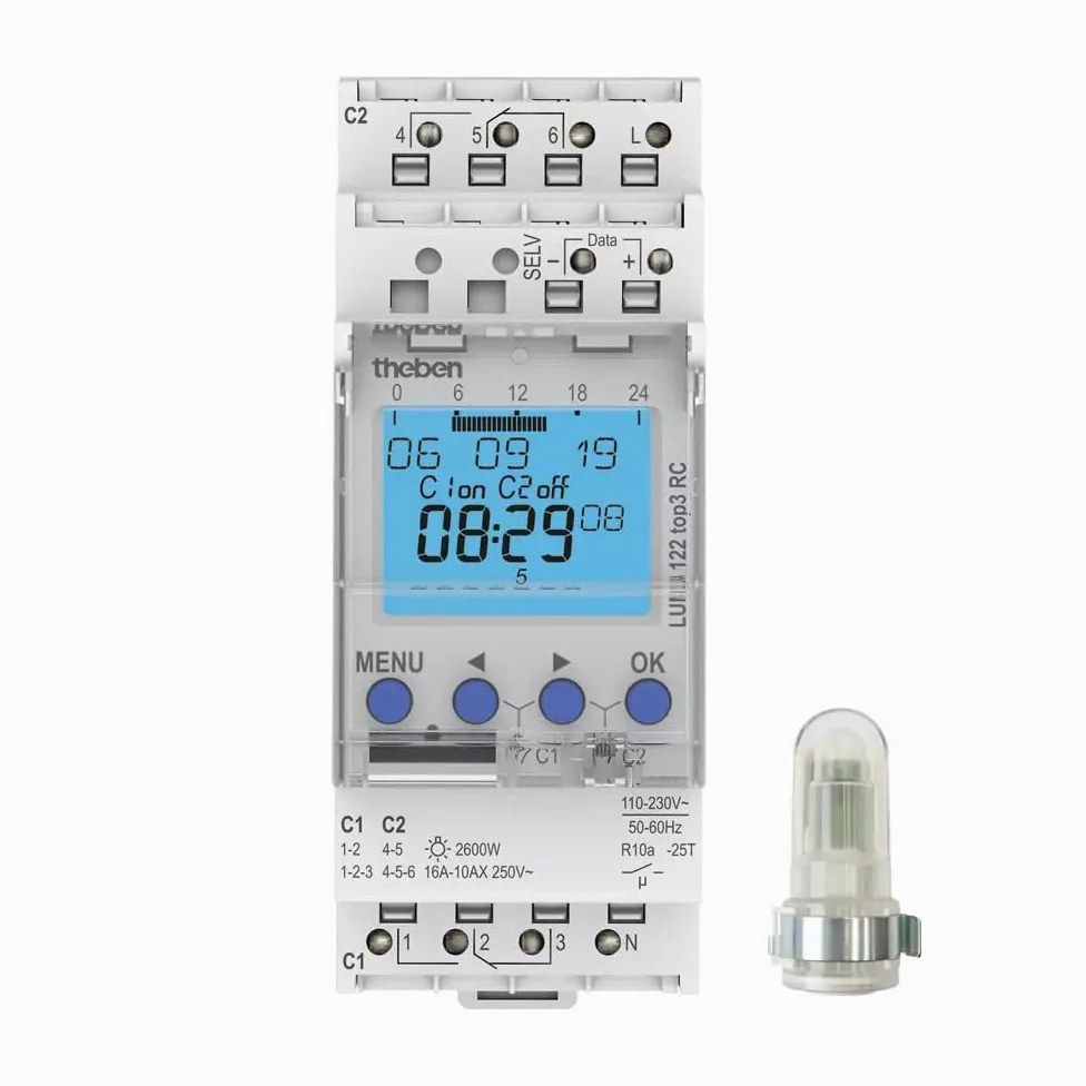 Theben 1220130 LUNA 122 top3 RC AL interruptor crepuscular 2 canales | sensor de luz de superficie, 84 memorias, 10 años reserva, entrada externa, antena conectable, 600 W LED, 800 A/200 µs