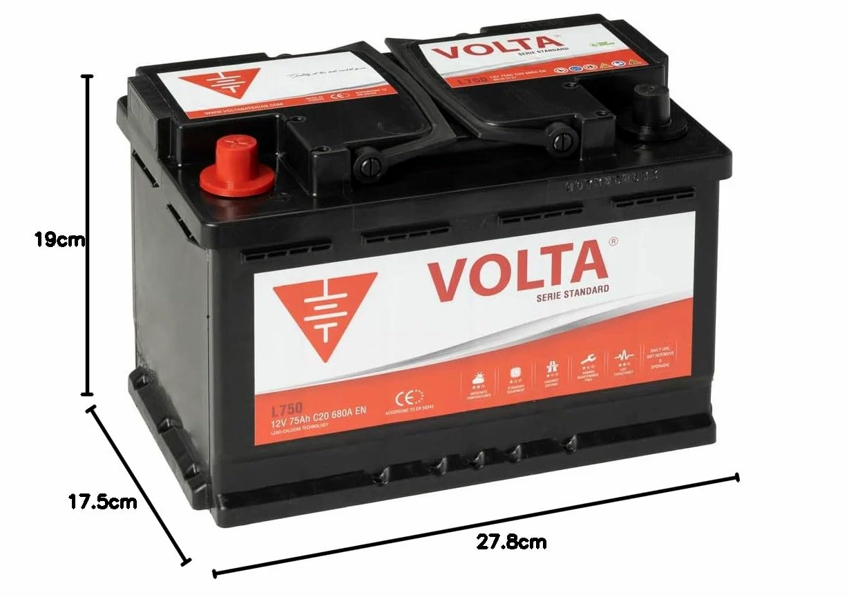 Bateria de Coche Standard 75Ah 680A Volta L750I - Borne +Izq - Medidas Largo 278 x Ancho 175 x Alto 190 mm con 2 años de Garantía - Fabricación Europea. Automóvil de turismo