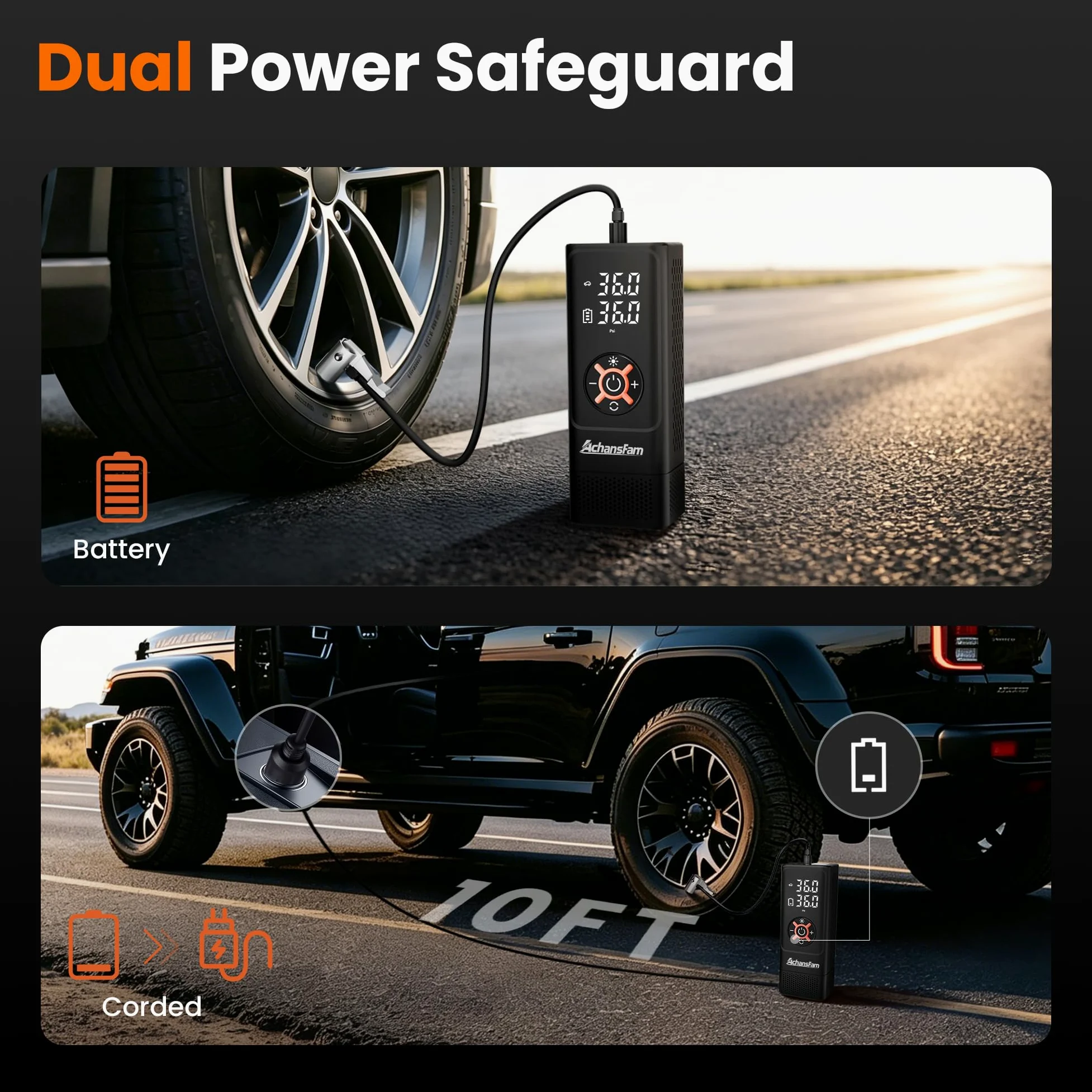Compresor de aire portátil para neumáticos de coche, bomba de inflado de neumáticos inalámbrica 3 veces más rápida de 150 PSI, adaptador de larga duración y 12 V CC, con medidor digital, para