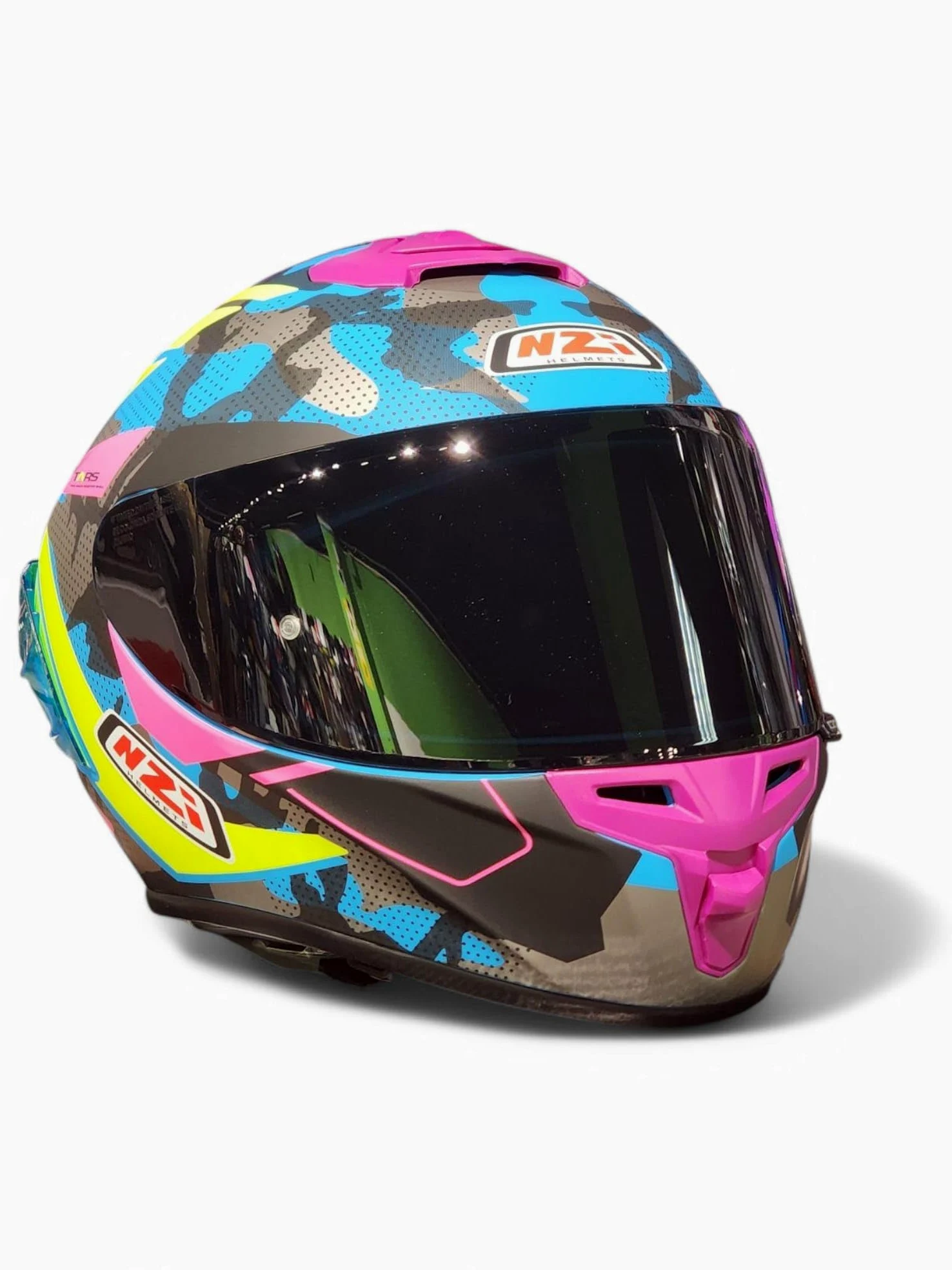 Casco Moto NZI Trendy 3 Stream Camo Azul Rosa amarjllo Fluor - Casco de Moto Integral con Pantalla Oscura + Transparente + Spoiler ECE 22.06 - Unisex Hombre y Mujer (L)