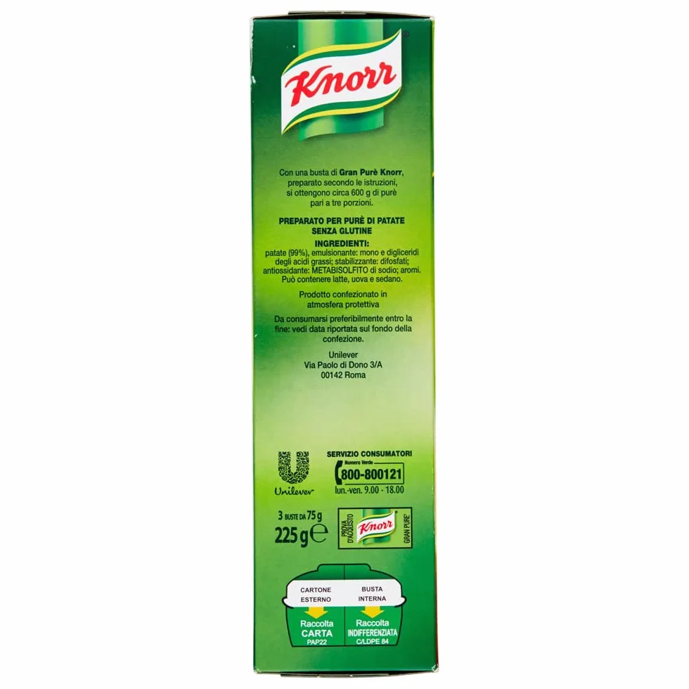 Knorr Gran Purè Cremoso e Delicato Preparado para puré de patatas sin gluten, 225 g (3x75 g)