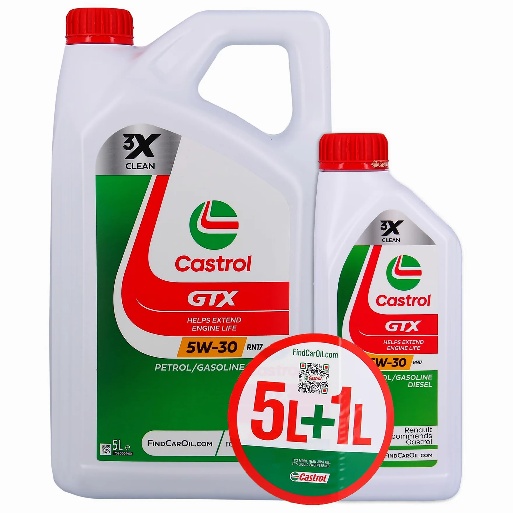 Castrol GTX Aceite de Motor 5W-30 RN17, pack de 5 + 1L, Homologación ACEA C3, Ayuda a prolongar la vida útil del motor