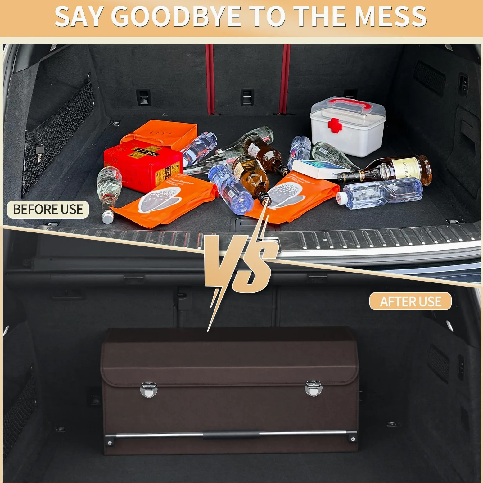 Organizador plegable de cuero para maletero de coche con tapa y asa resistente para SUV, camión, sedán, almacenamiento de coche (marrón, 69 x 29 x 31 cm)