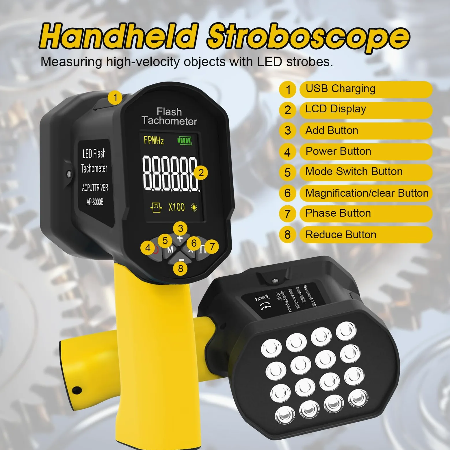 LED estroboscópico digital, tacómetro 60-100000RPM, 16 luces LED ajustable