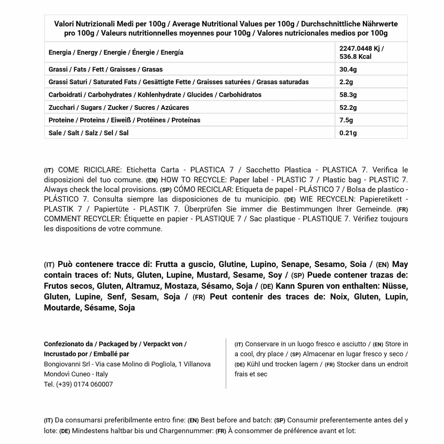 BONGIOVANNI FARINE E BONTA' NATURALI Praliné de avellanas en granos 1kg