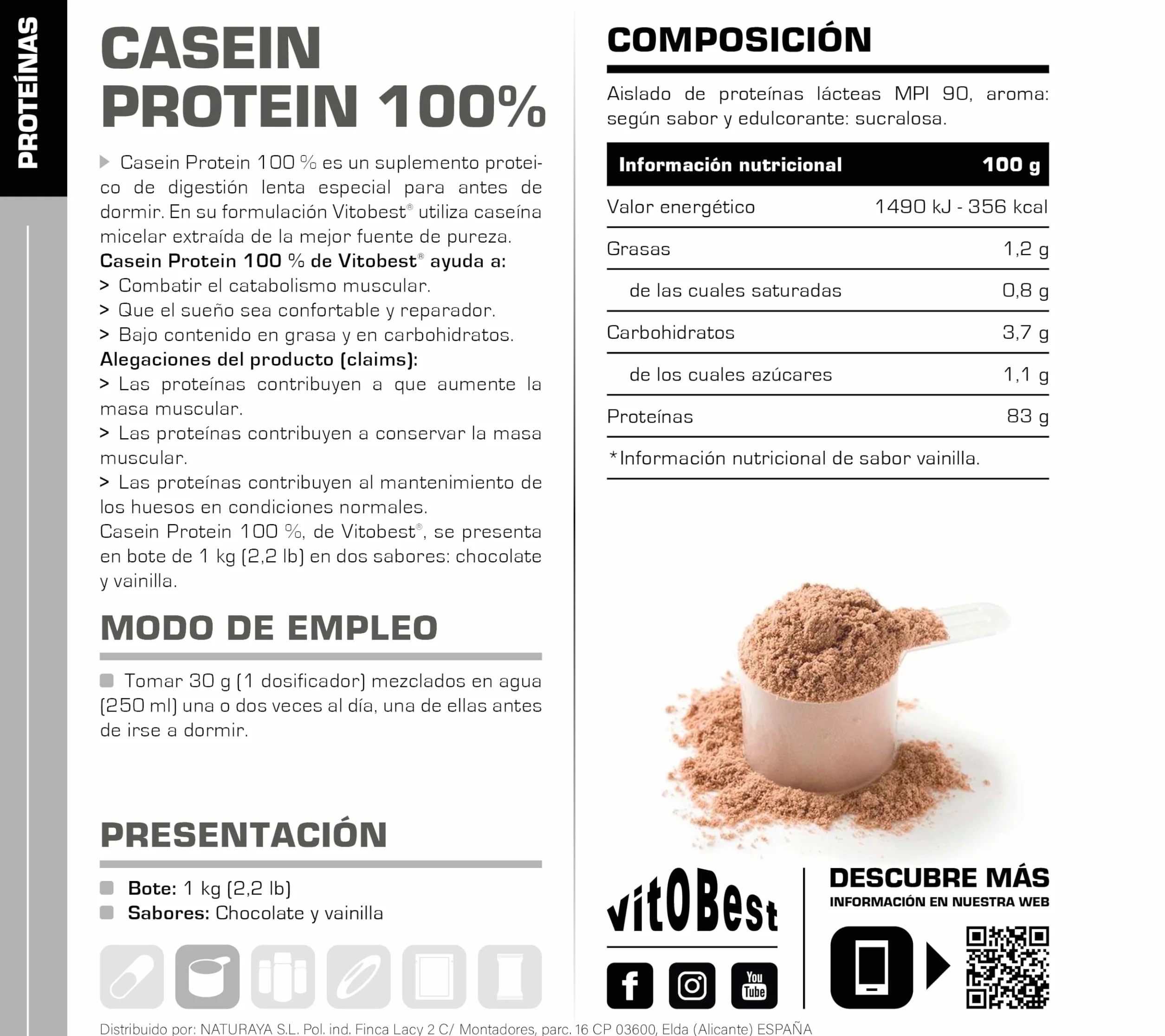 VITOBEST Casein Protein 100% Proteínas Suplemento Chocolate 1 kg