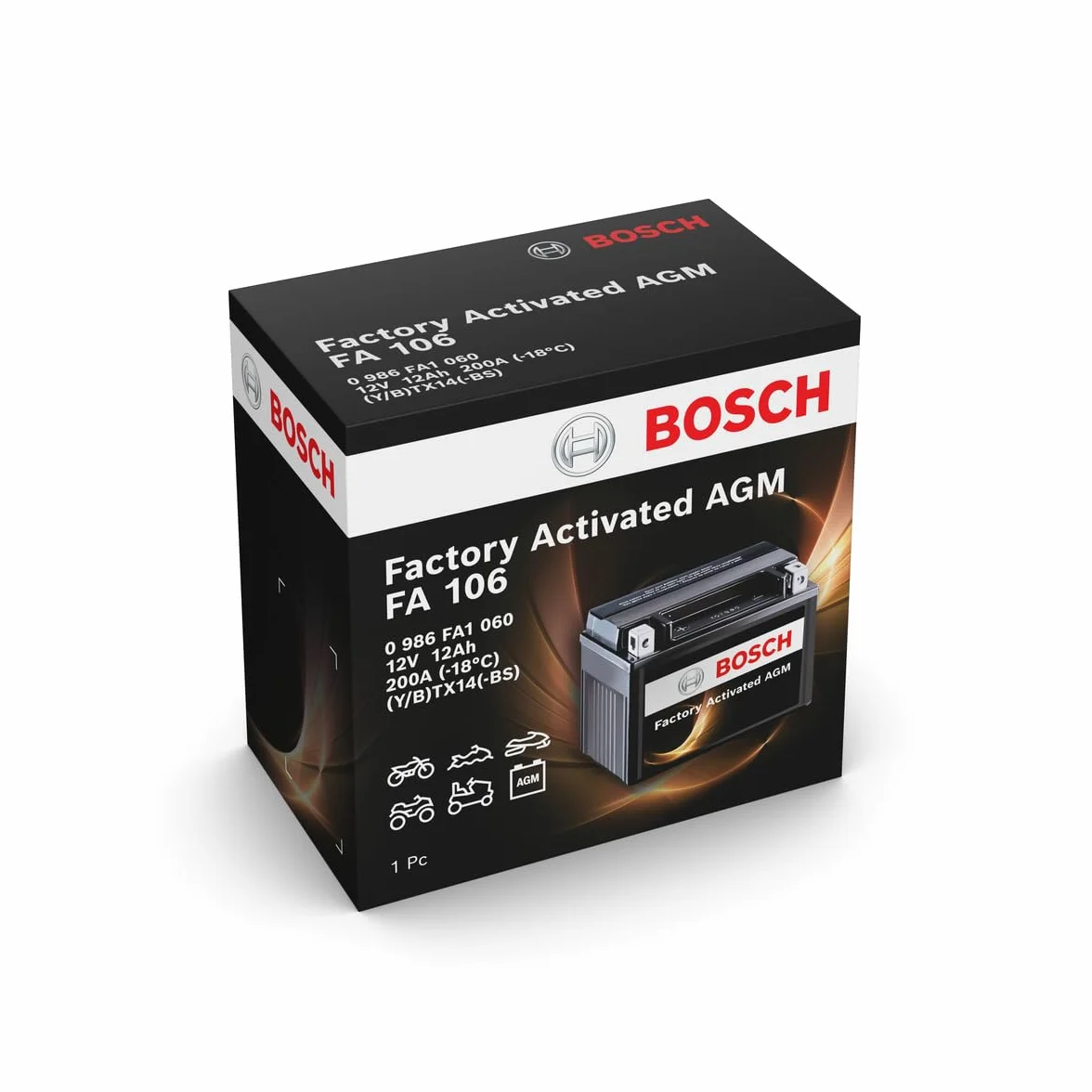 Bosch FA106 - Batería para Motocicletas AGM - 12V 200A 12Ah - Adecuada para motocicletas, motos de enduro, scooters, quads, motos de agua - Compatible M6018, BTX14-BS, BTX14