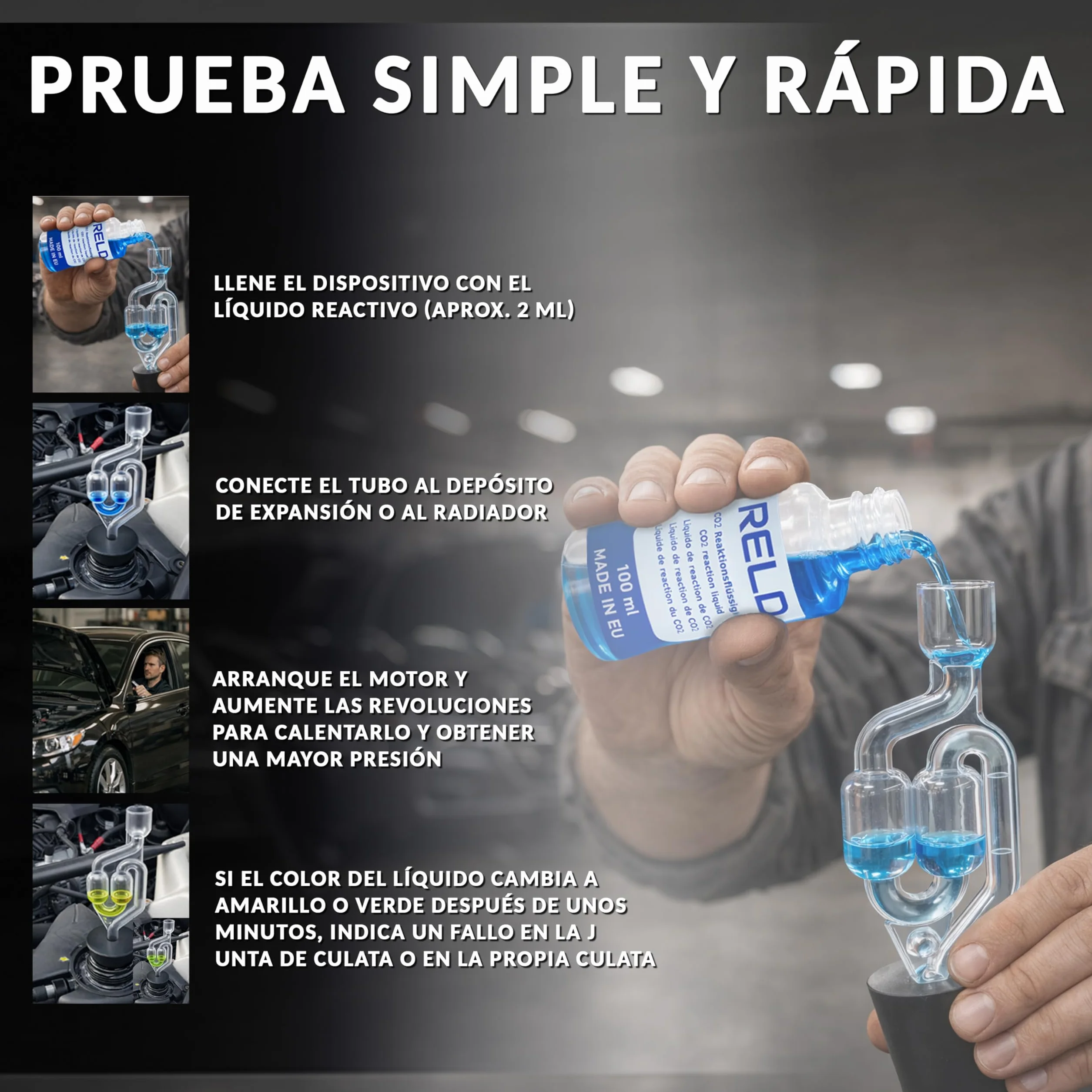 RELD - Detector de Culata Universal para Todos los Coches y Motocicletas, Detector de Fugas de CO2, para 50 Pruebas