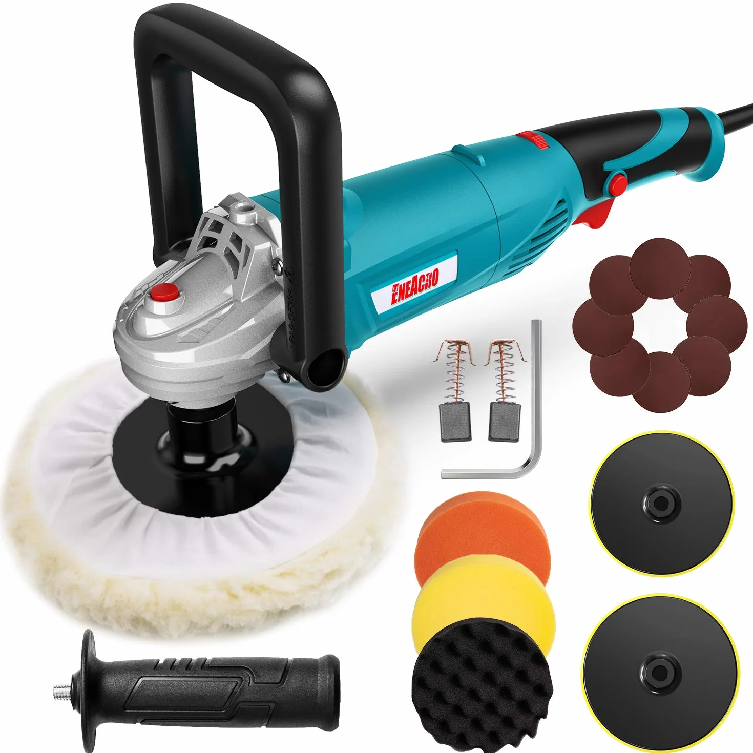 ENEACRO 1200W Pulidora Coche 6 Velocidades Variables D-Mango Desmontable 150mm/180mm