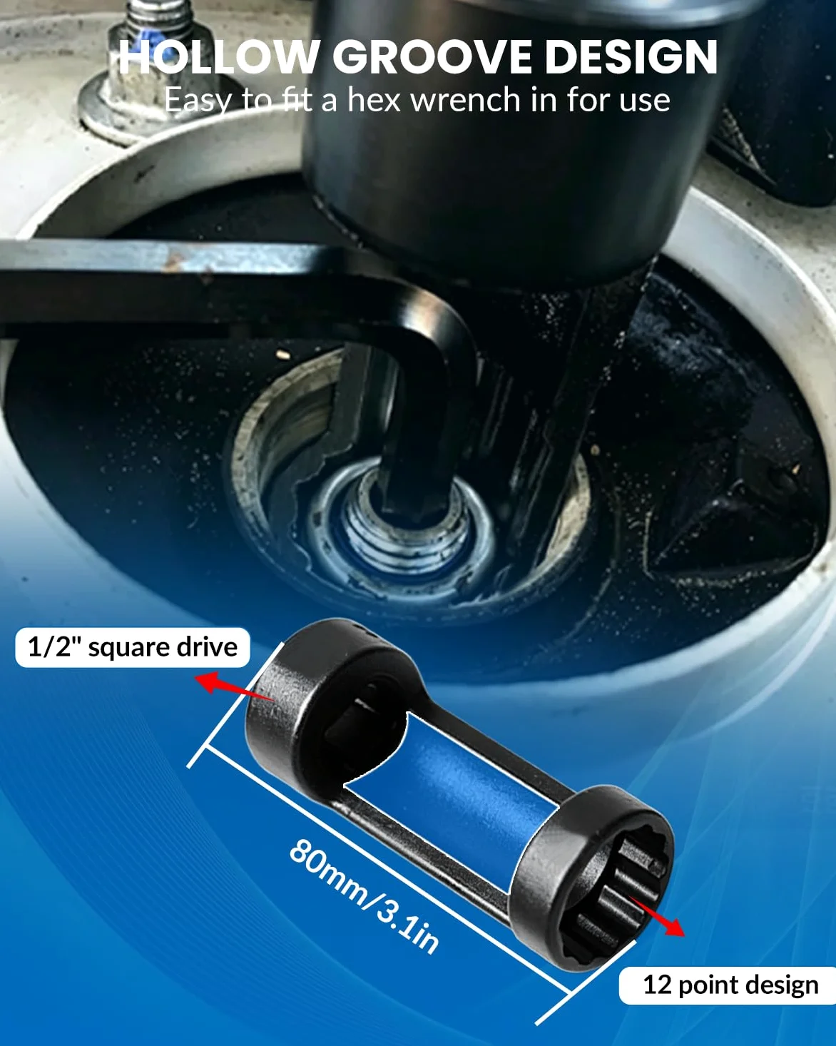 DPTOOL Enchufe de tuerca de puntal de 16 mm, 18 mm, 19 mm, 21 mm, 22 mm, 24 mm con 12 puntos, 1/2 ", enchufe esparcidor de puntal de suspensión, herramienta de amortiguador de 8 piezas