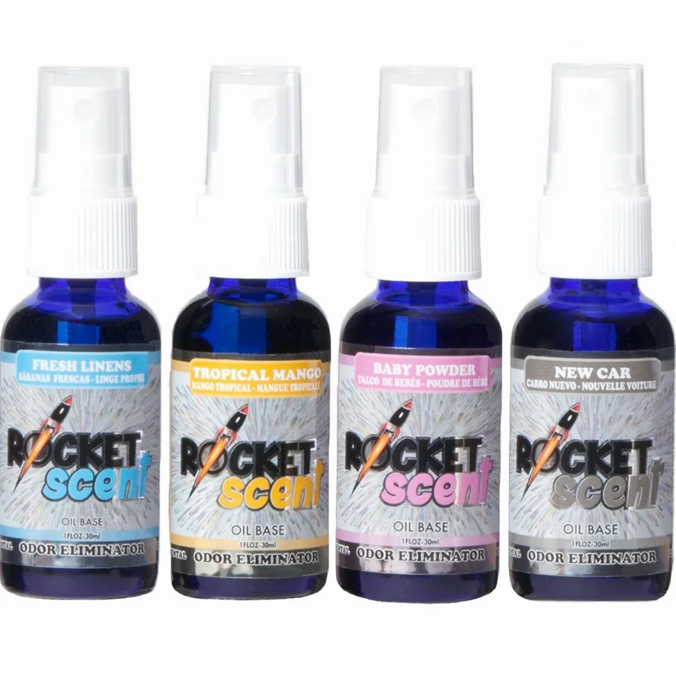 Rocket Scent, ambientadores de aceite + eliminador de olores y humo + hogar, coche, oficina, baño, desodorizador + coche nuevo, mango, lino fresco, aroma a polvo + paquete de 4 unidades