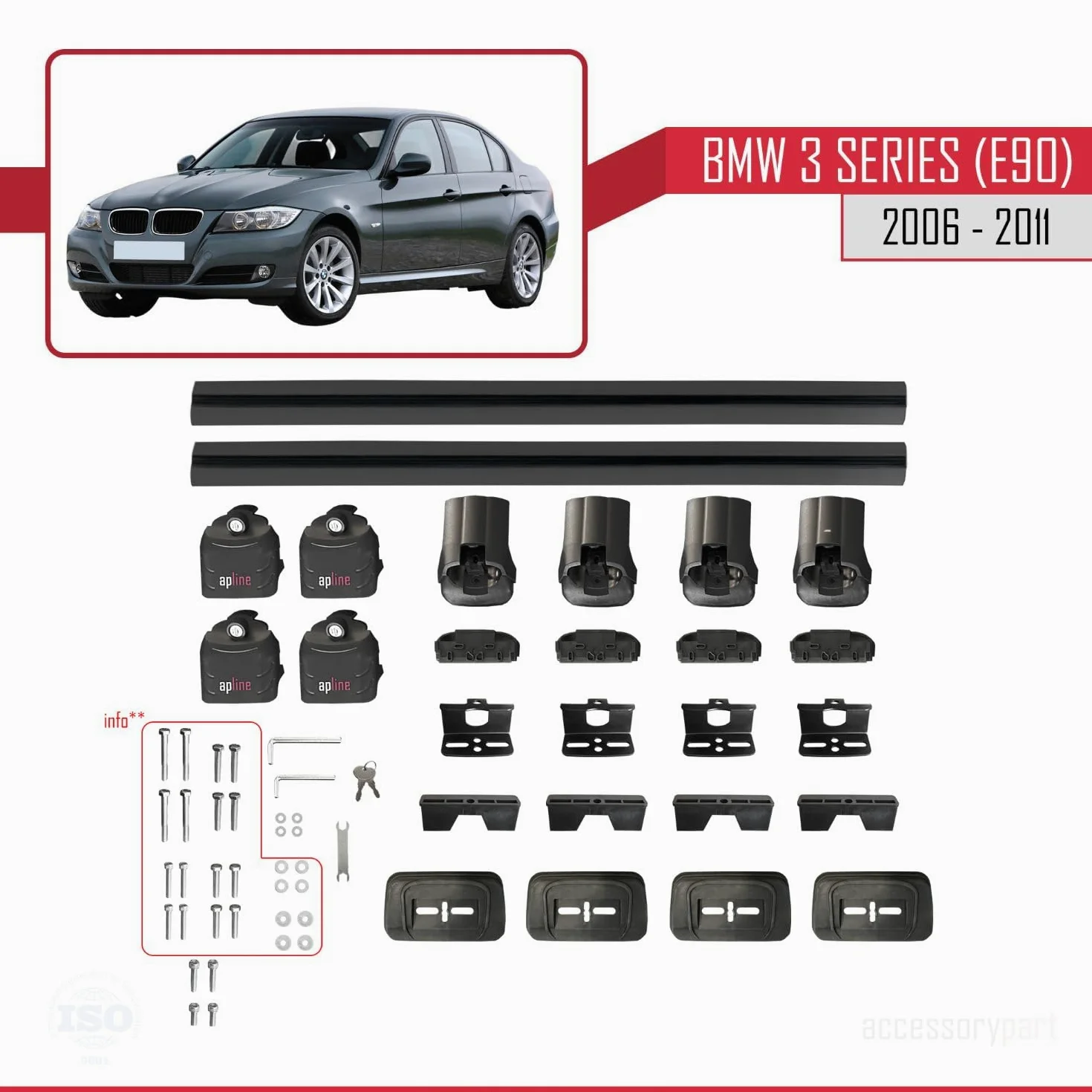 Compatible con BMW Serie 3 (E90) 2005-2012 Modelo Ace-3 Barra de Techo Auto Portaequipajes Barras Transversales Negro Aluminio 2 Barras