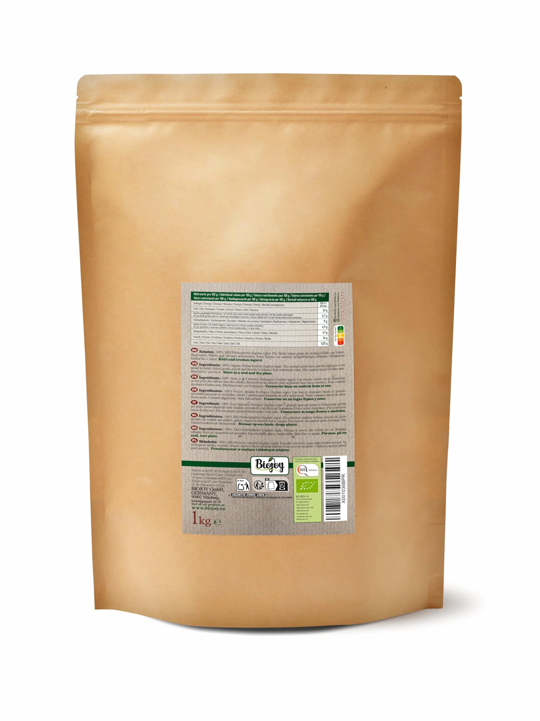 Biojoy Nueces Peladas Orgánicas 1 kg, crudas y trituradas, sin sal