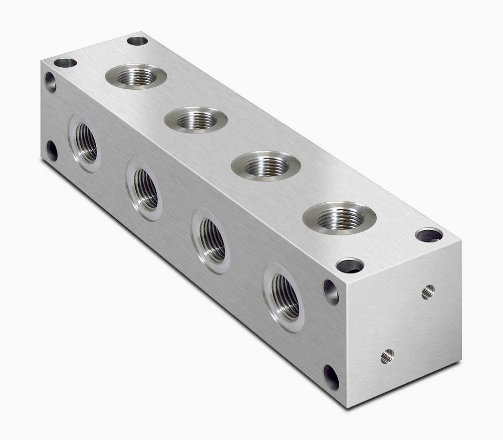 Colector hidráulico de aluminio tipo L, 4 estaciones, entrada BSP de 1/4", puertos de servicio BSP de 1/4"