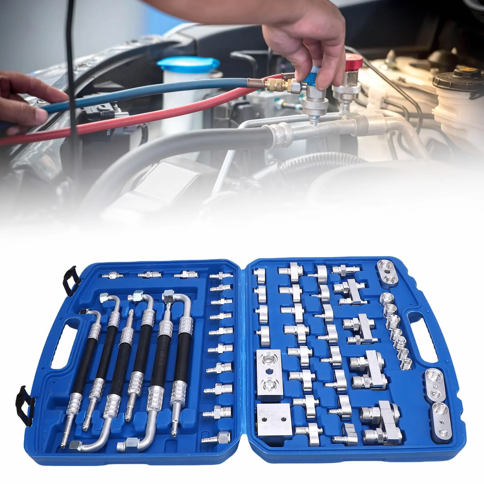 Luocute Kit de Prueba de Fuga de Aire Acondicionado Automotriz de 56pcs, Detector de Fuga de Aire Acondicionado para Automóviles de Camión de Automóviles, Kit de Herramientas de