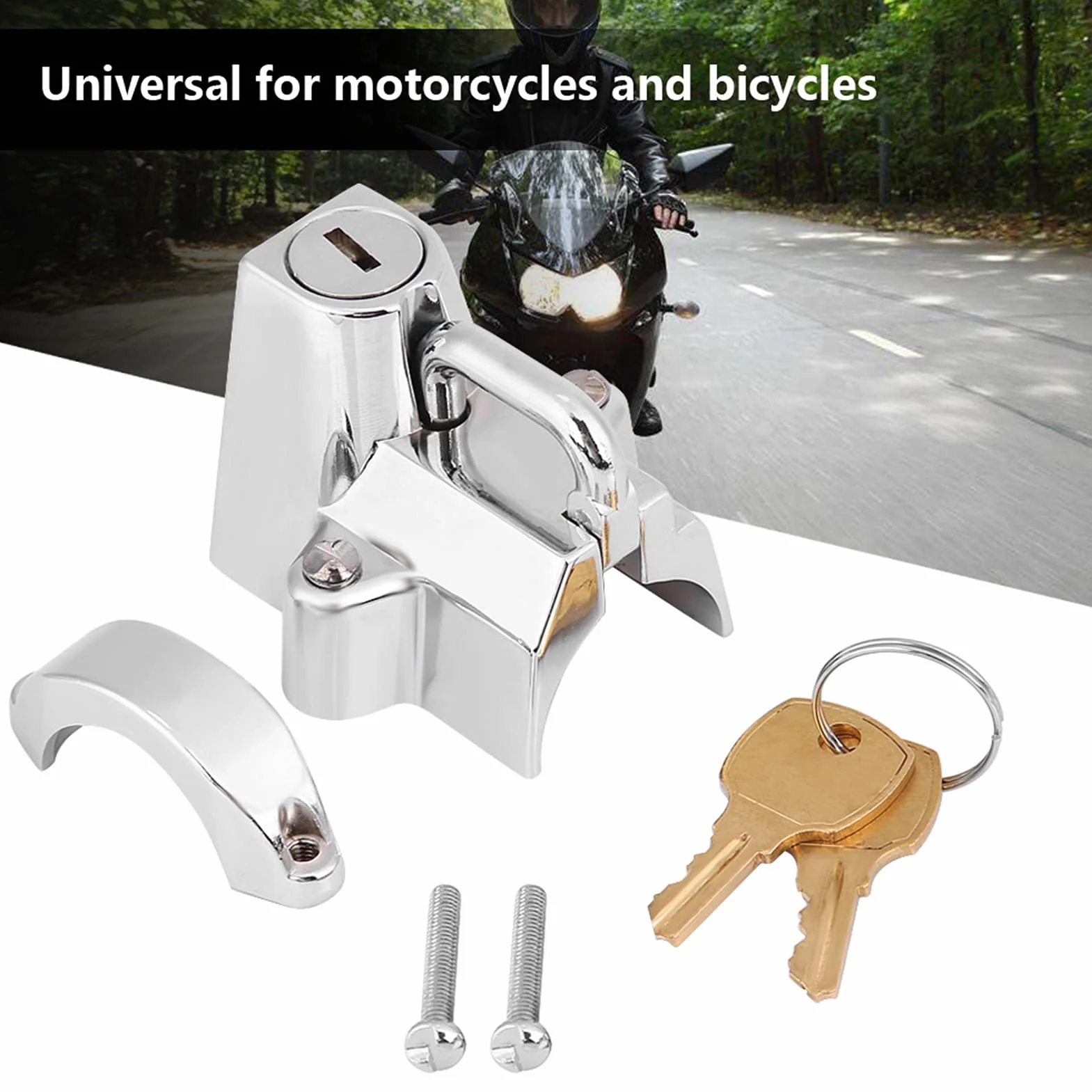 Cerradura de casco de motocicleta de 7/8 pulgadas, Keenso universal para casco de moto con gancho + 2 llaves de bloqueo, cromado y plateado
