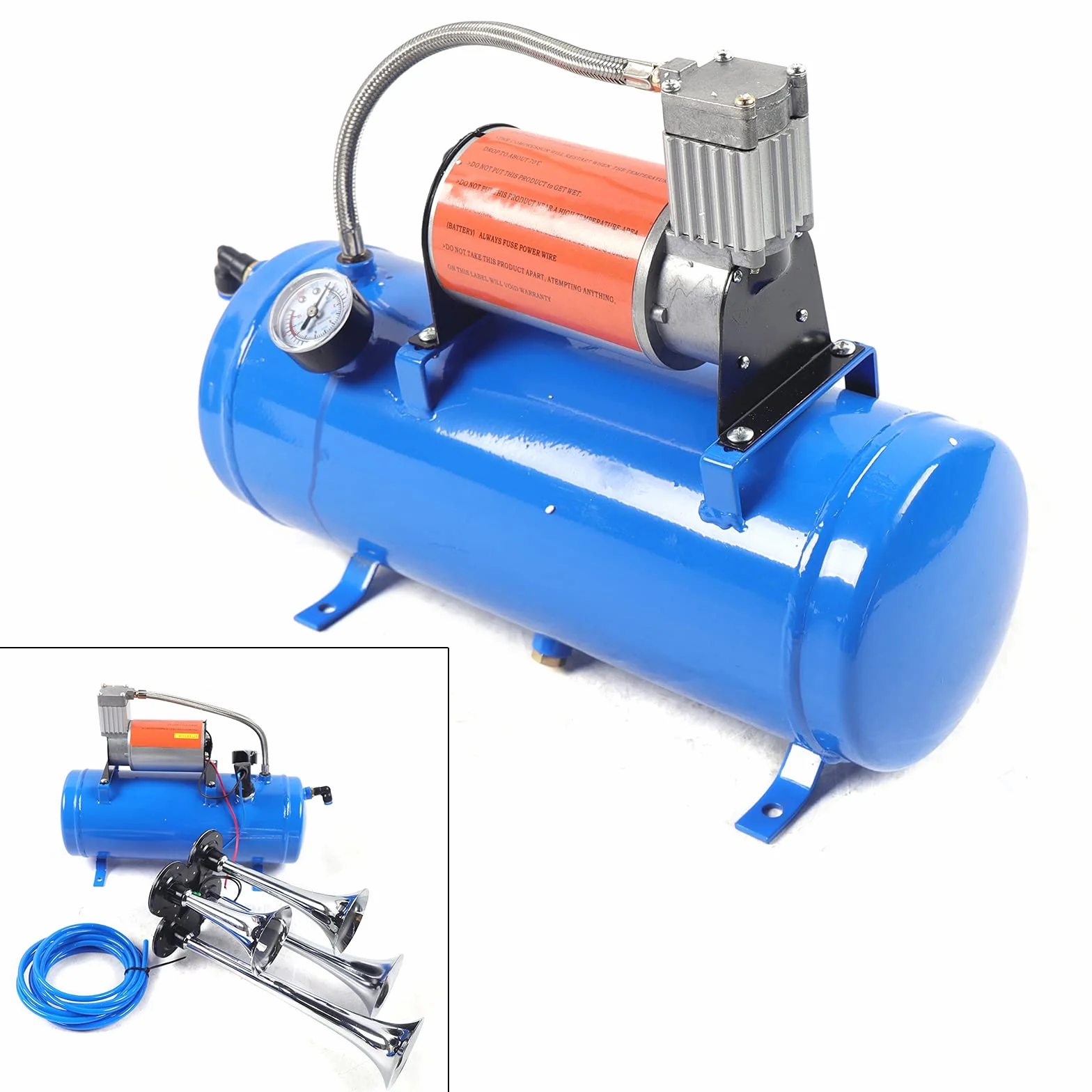 Horn Air Horn Kit 12V 4 Trompeta Portátil Air Compresor de Aire Tren 150dB con 6L para Coches Camiones Barcos Motocicletas