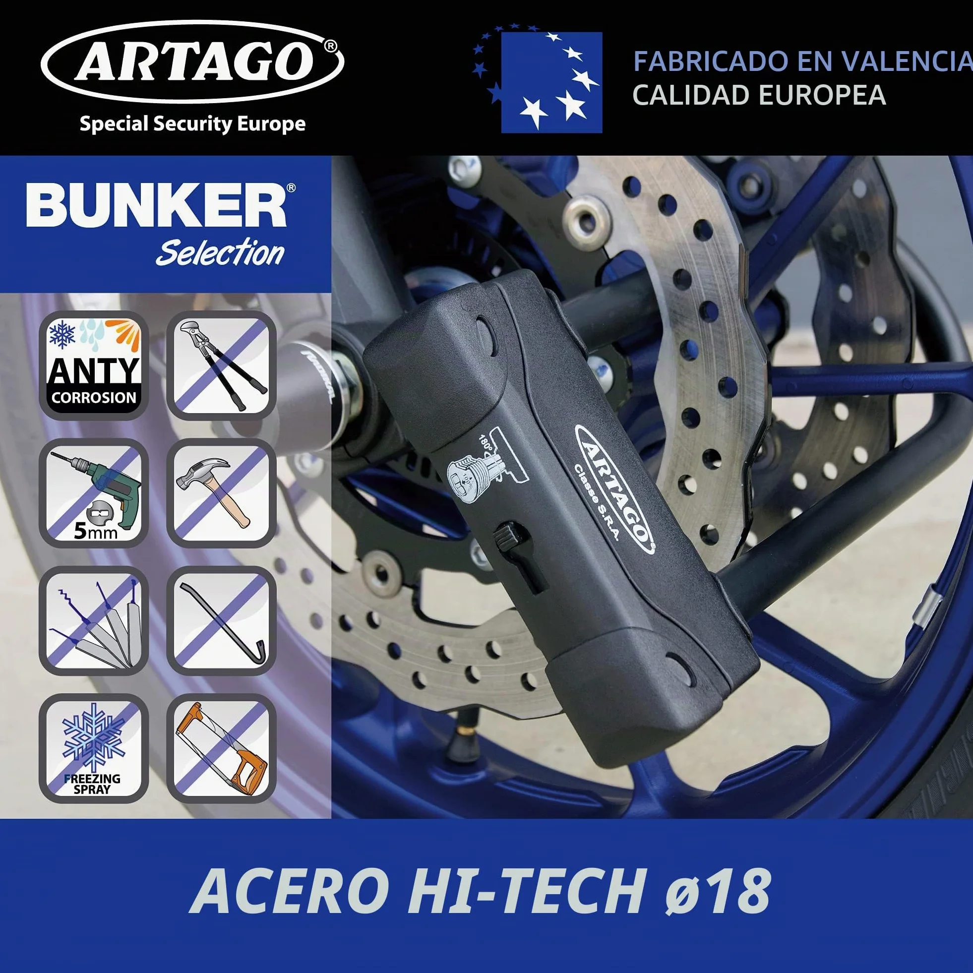 ARTAGO 18ART270 Candado Moto Alta Gama, Antirrobo U Nivel BUNKER Homologado SRA, Sold Secure Gold, ART4, Puro Acero Endurecido 18mm, Doble Cierre Blindado, Cerradura con Disco 5mm Anti-Taladro, 85x270