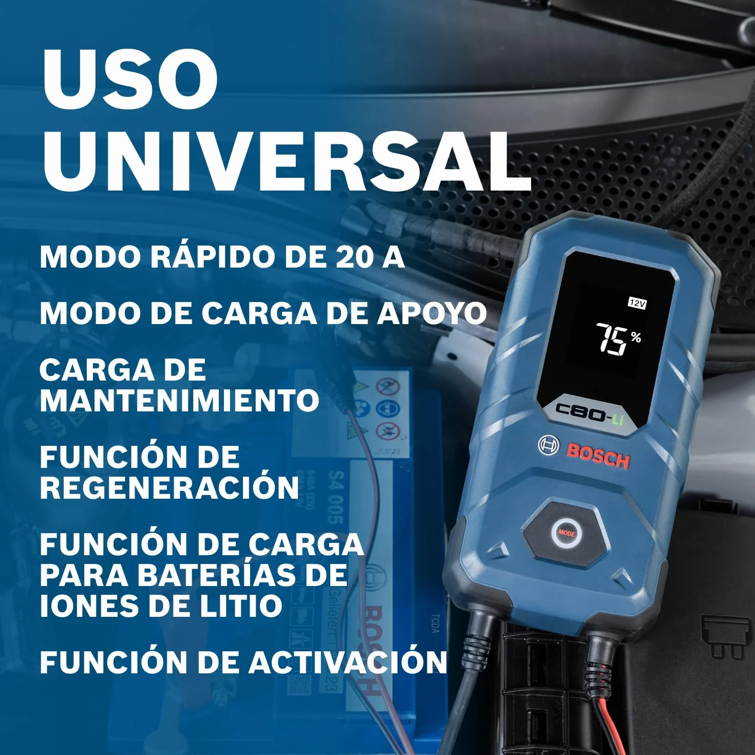 Bosch Cargador de Batería para Coche C80-Li, 15 Amperios, con Función de Carga Continua - para Baterías de Plomo-ácido, AGM, EFB, Gel y SLI, de 6V/12V, y de Litio (LiFePO) de 12V