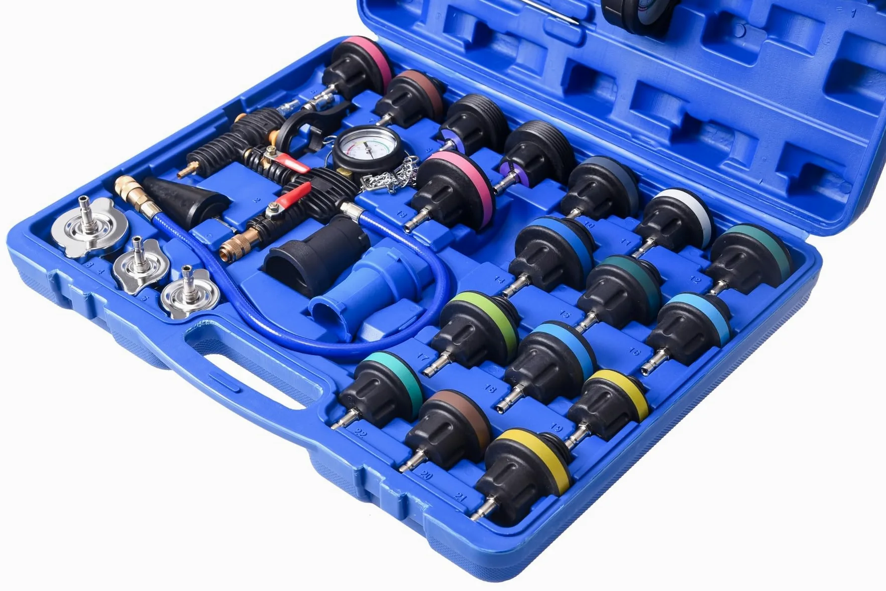 Kit de comprobador de presión del radiador del sistema de enfriamiento de 28 piezas, comprobador de presión del refrigerante del radiador, comprobador de detector de fugas de agua del automóvil, co